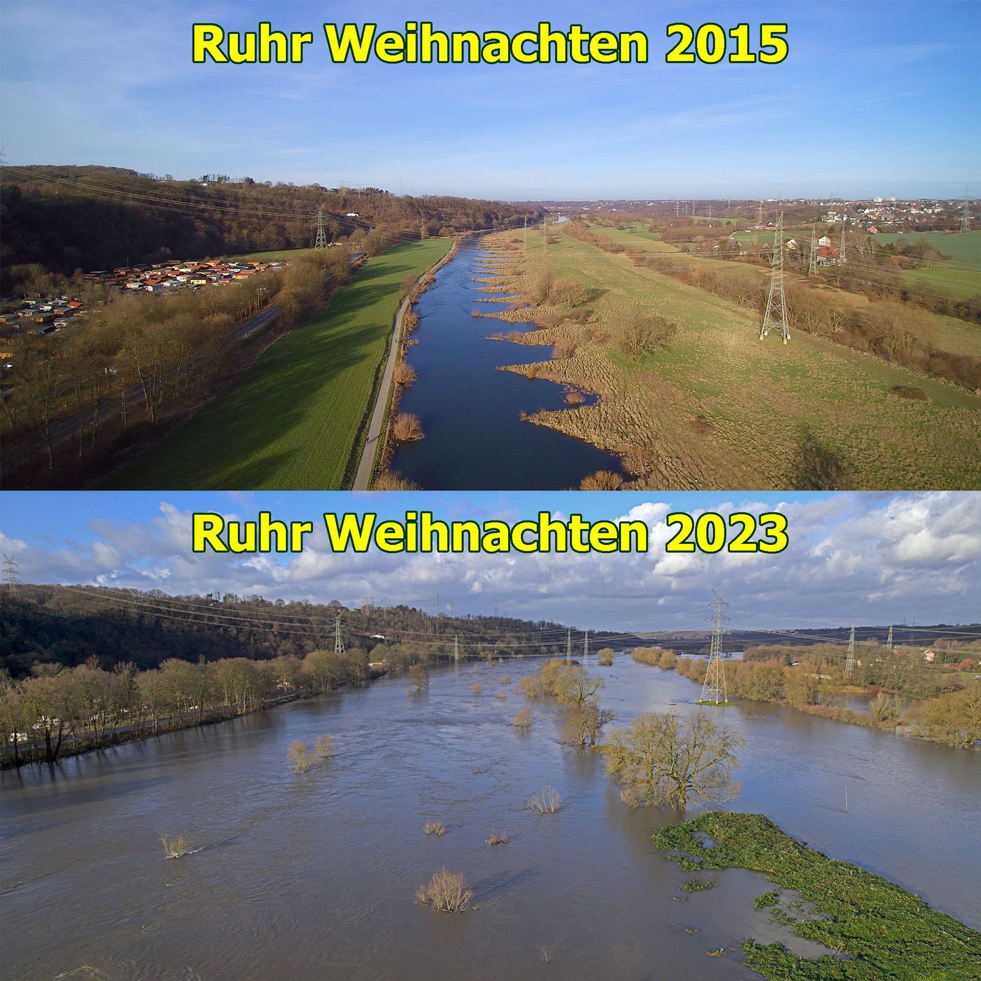 Vergleich der Ruhr Weihnachten 2015 und Hochwasser 2023