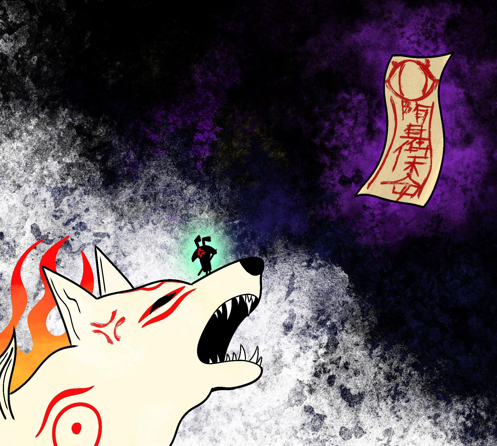 Procreate digital art of Amaterasu and Issun from Okami yelling at Tobi, the paper spell guardian from Oni Island in the game 