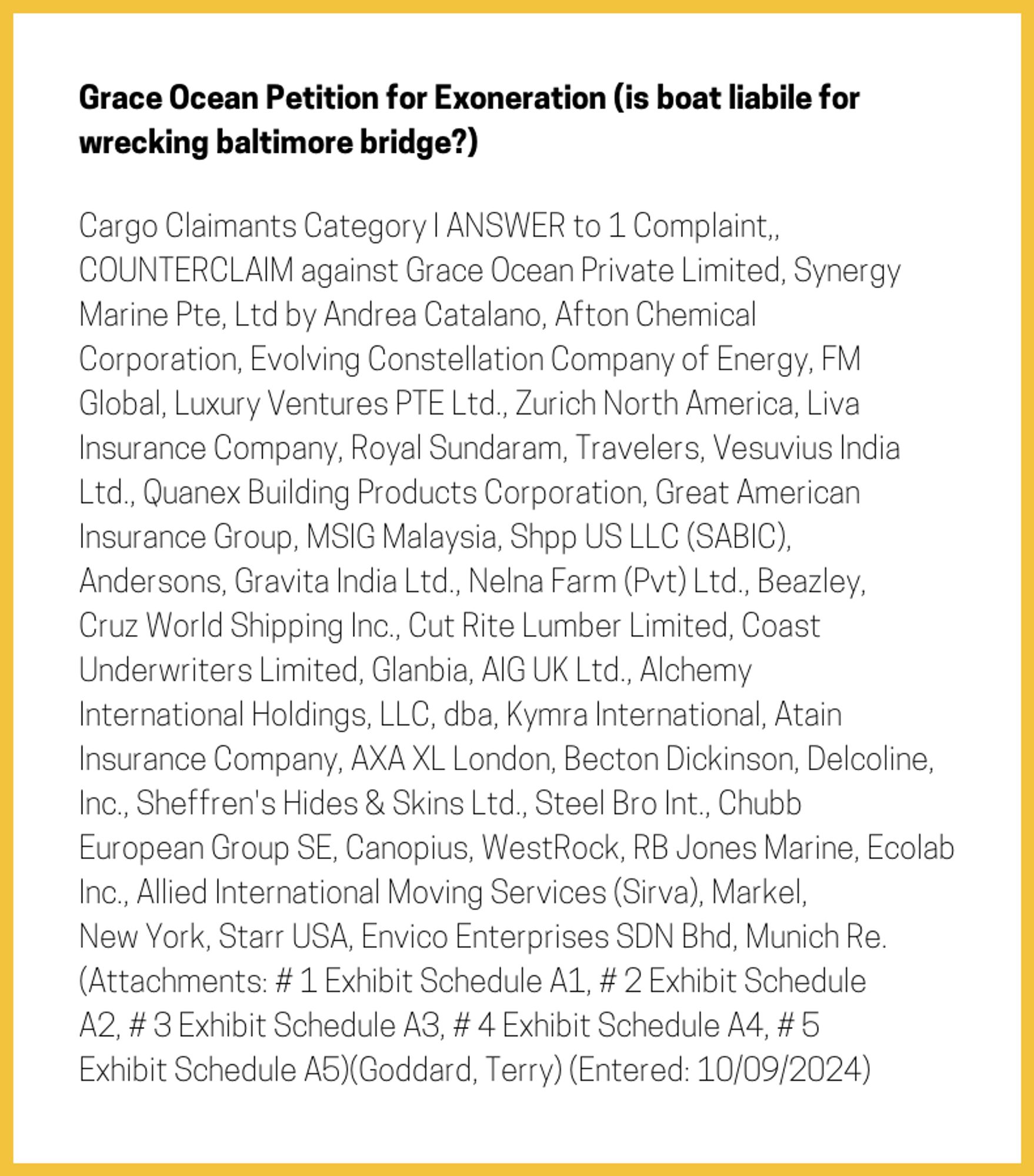 The entry's text: Cargo Claimants Category I ANSWER to 1 Complaint,, COUNTERCLAIM against Grace Ocean Private Limited, Synergy Marine Pte, Ltd by Andrea Catalano, Afton Chemical Corporation, Evolving Constellation Company of Energy, FM Global, Luxury Ventures PTE Ltd., Zurich North America, Liva Insurance Company, Royal Sundaram, Travelers, Vesuvius India Ltd., Quanex Building Products Corporation, Great American Insurance Group, MSIG Malaysia, Shpp US LLC (SABIC), Andersons, Gravita India Ltd., Nelna Farm (Pvt) Ltd., Beazley, Cruz World Shipping Inc., Cut Rite Lumber Limited, Coast Underwriters Limited, Glanbia, AIG UK Ltd., Alchemy International Holdings, LLC, dba, Kymra International, Atain Insurance Company, AXA XL London, Becton Dickinson, Delcoline, Inc., Sheffren's Hides & Skins Ltd., Steel Bro Int., Chubb European Group SE, Canopius, WestRock, RB Jones Marine, Ecolab Inc., Allied International Moving Services (Sirva), Markel, New York, Starr USA, Envico Enterprises SDN Bhd, Munich Re. (Attachments: # 1 Exhibit Schedule A1, # 2 Exhibit Schedule A2, # 3 Exhibit Schedule A3, # 4 Exhibit Schedule A4, # 5 Exhibit Schedule A5)(Goddard, Terry) (Entered: 10/09/2024)