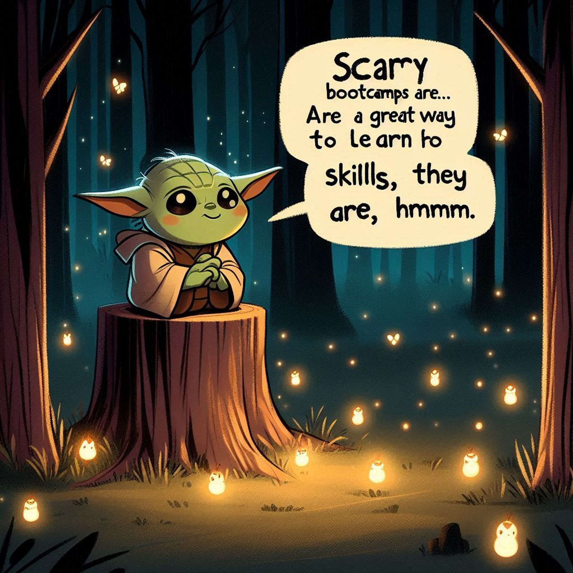 AI generated picture of Yoda talking about bootcamps for students