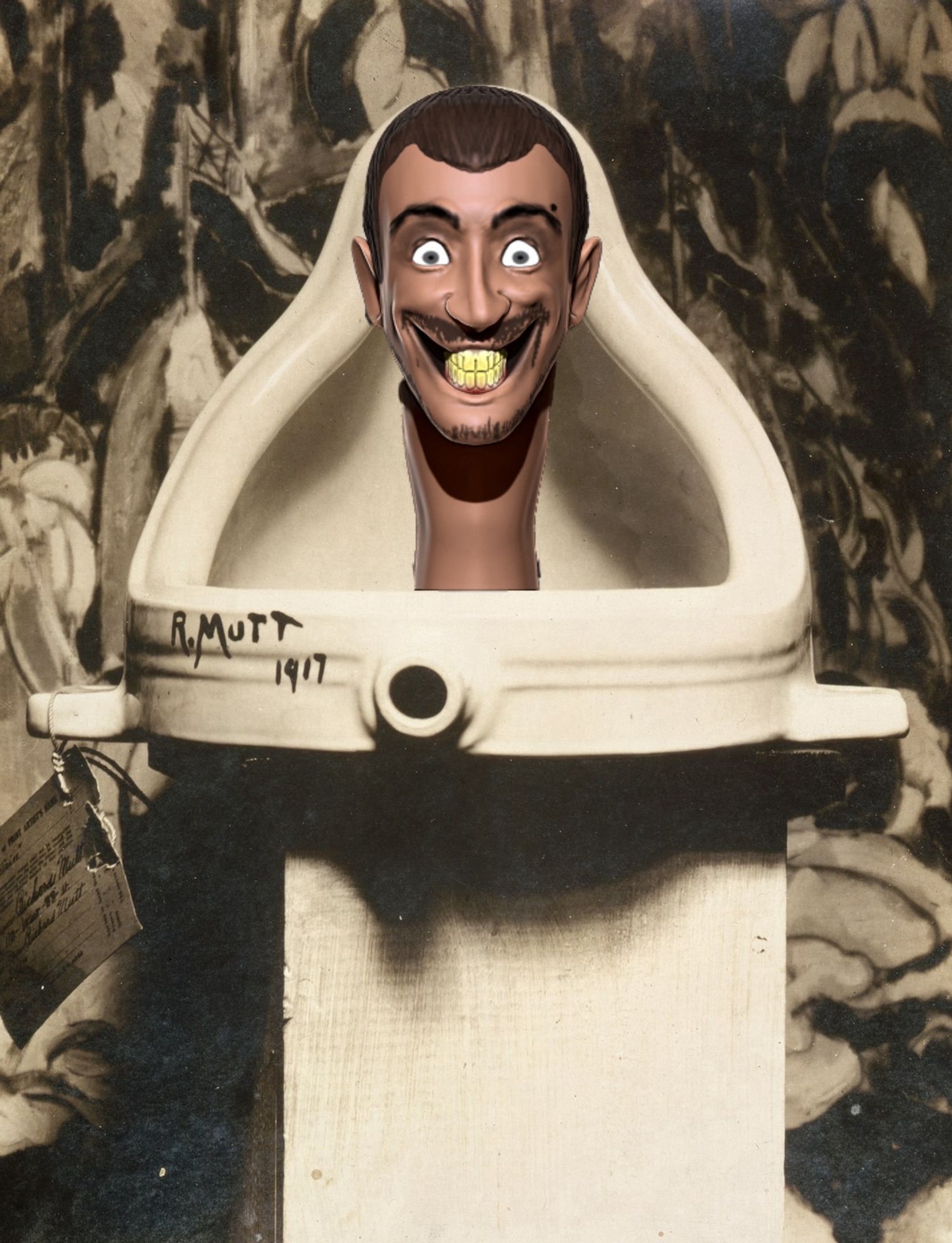 A picture of Duchamp’s Fountain, a readymade art piece that is actually a urinal, with the Skibidi Toilet man head protruding from it