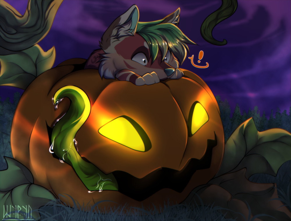 An anthropomorphic fox peeks out of a pumpkin that turns out to be alive. The pumpkin licks its "lips"