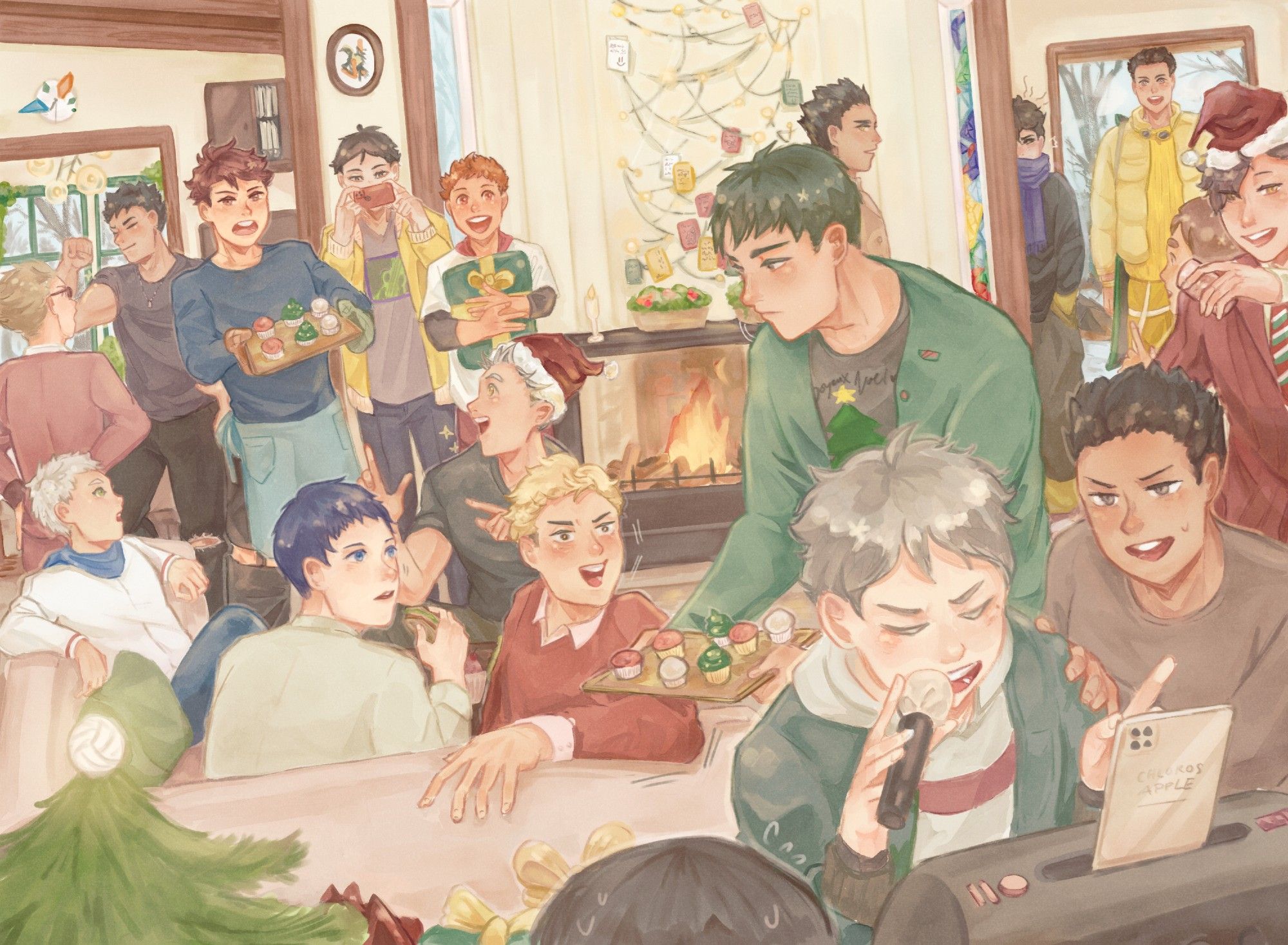 christmas at a cottage with fireplace center, attended by monster gen haikyuu + karasuno 3rd year trio