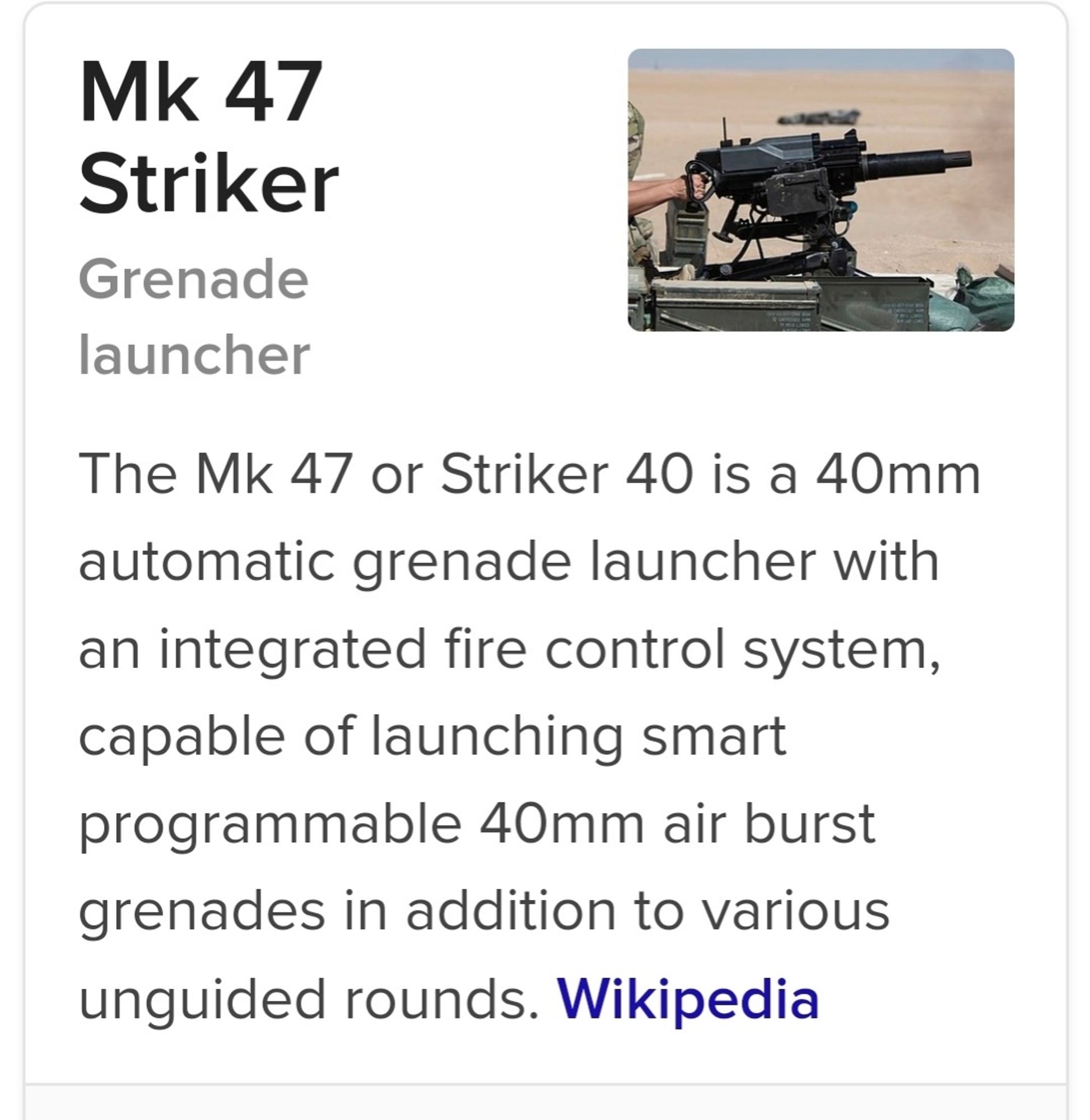 Picture of Wikipedia Page for the MK-47 40mm grenade launcher