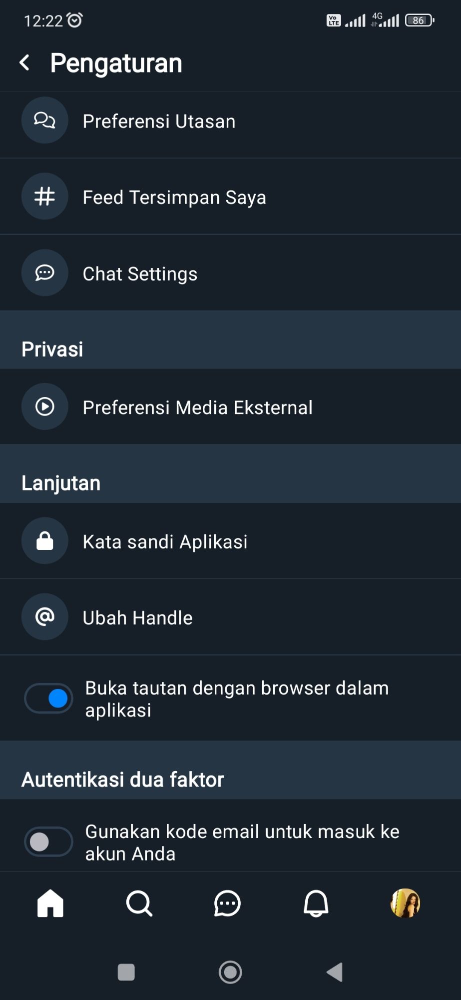 Buka setting klik ubah handle