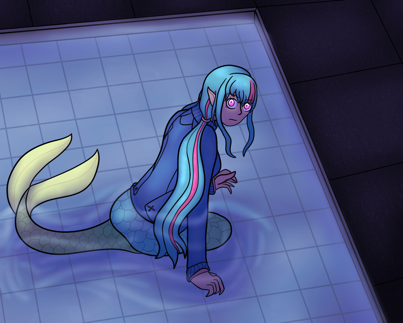 A digital drawing of Amame Doi from AI: The Somnium Files as a mermaid with a colorful tail, pointed ears, and clawed hands. She is sitting in a shallow pool of water, with her right hand on the tile beneath and her left hand held right below her chest. She looks at the camera with a dark expression and glowing eyes.