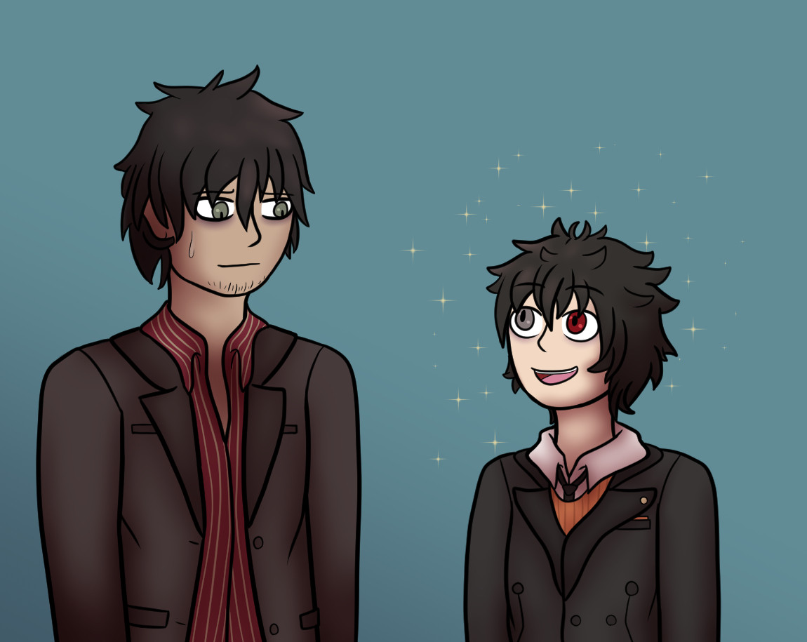 A digital drawing of Hayato Yagyu (aka Falco) and Kuruto Ryuki from AI: The Somnium Files. The two are standing next to each other, with Falco looking down at Ryuki uncomfortably and Ryuki looking up at Falco excitedly. There is a clear height difference between the two, with Falco being the taller one.