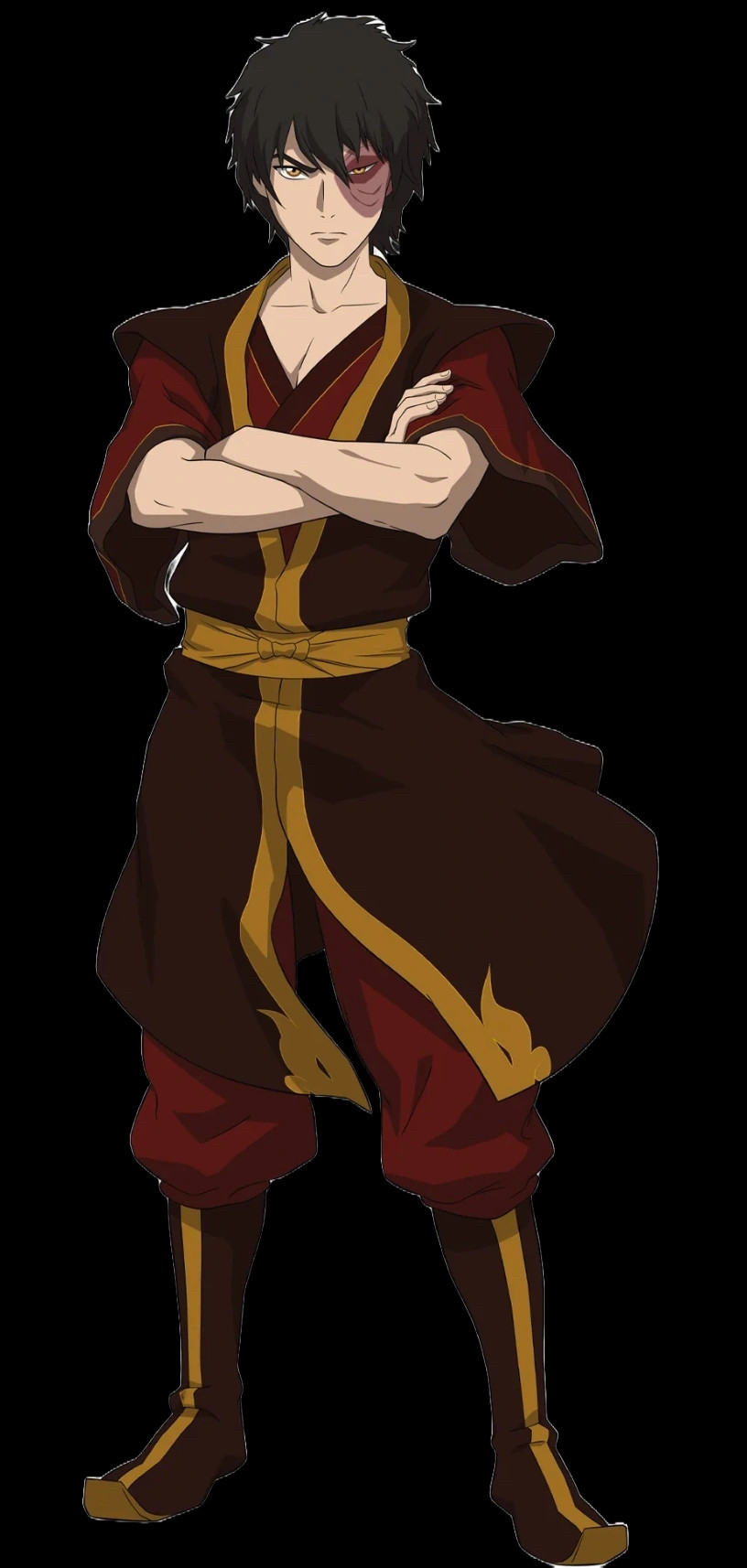 Zuko from Avatar: The Last Airbender standing with his arms crossed. His hair is somewhat messy. He is wearing black and dark red clothes with gold trim.