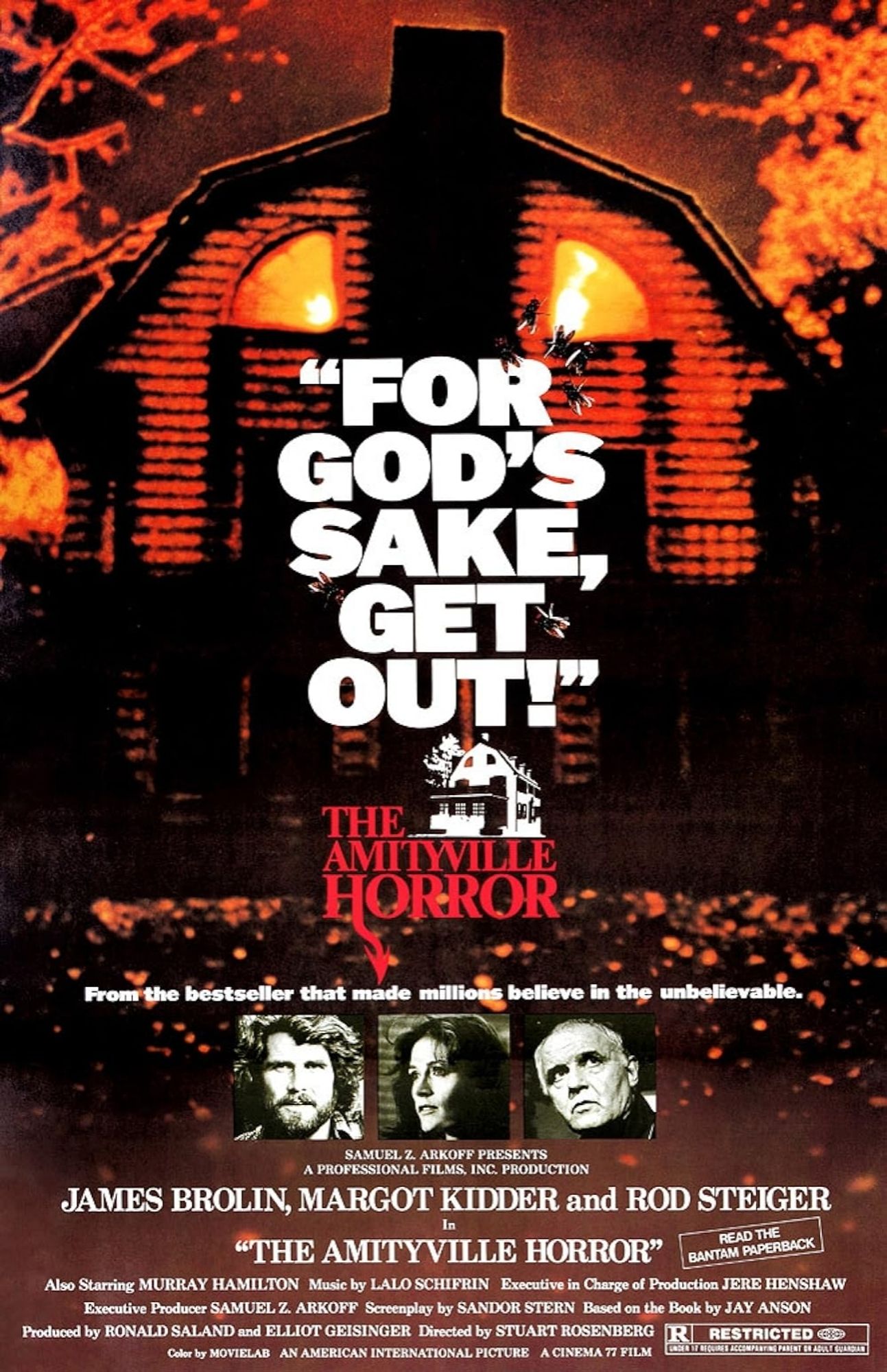 The poster for the 1979 Amityville Horror, depicting the infamous house cast in a red demonic light. A thick text stamped across it "For God's Sake, Get Out!"