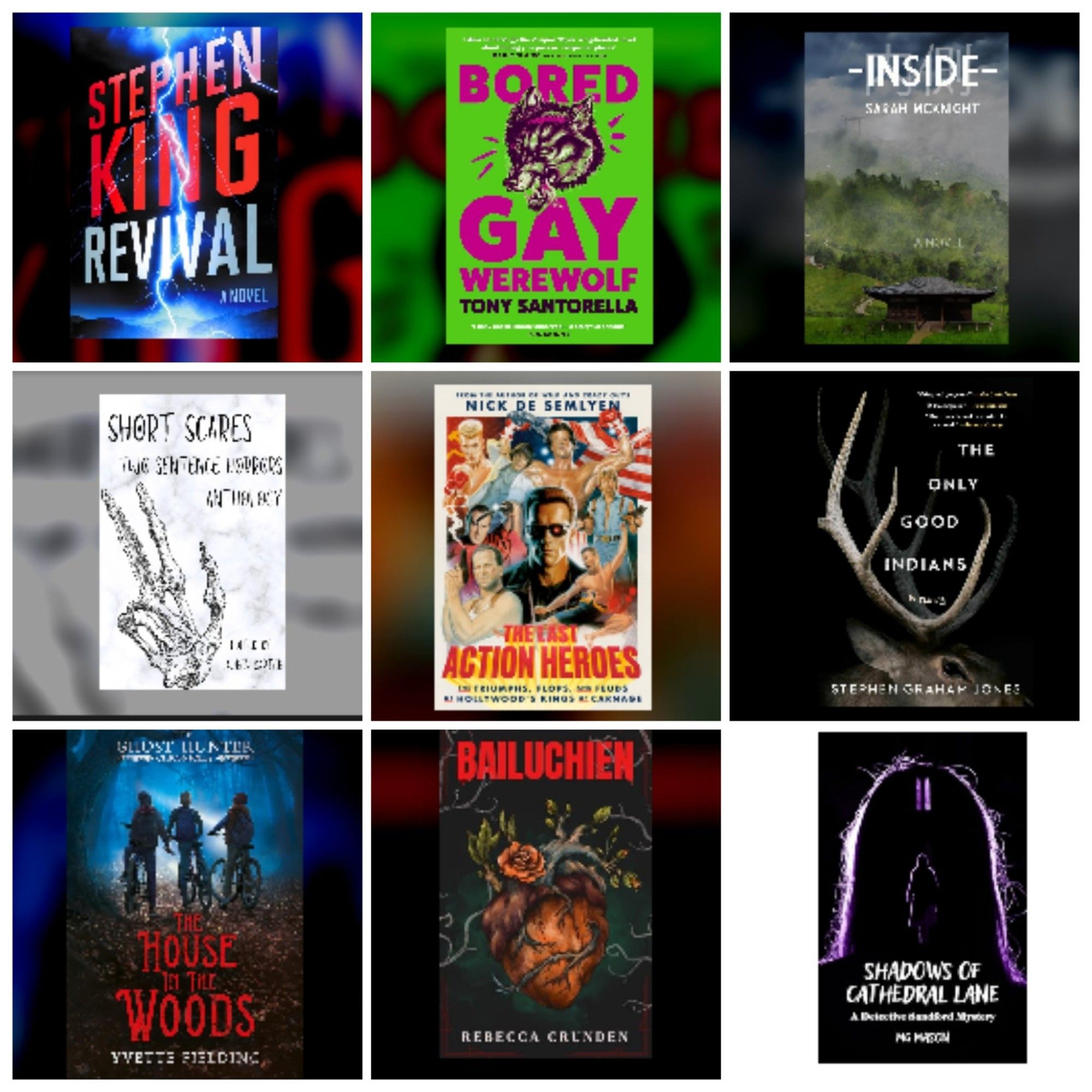 A collage of 9 books that I've read through August & September;
Stephen King - Revival
Tony Santorella - Bored Gay Werewolf 
Sarah McKnight - Inside
Anthology - Short Scares: 2 Sentence Horrors
Nick De Semlyen - The Last Action Heroes
Stephen Graham Jones - The Only Good Indians
Yvette Fielding - The House in the Woods
Rebecca Crunden - Bailuchien 
MG Mason - Shadows of Cathedral Lane