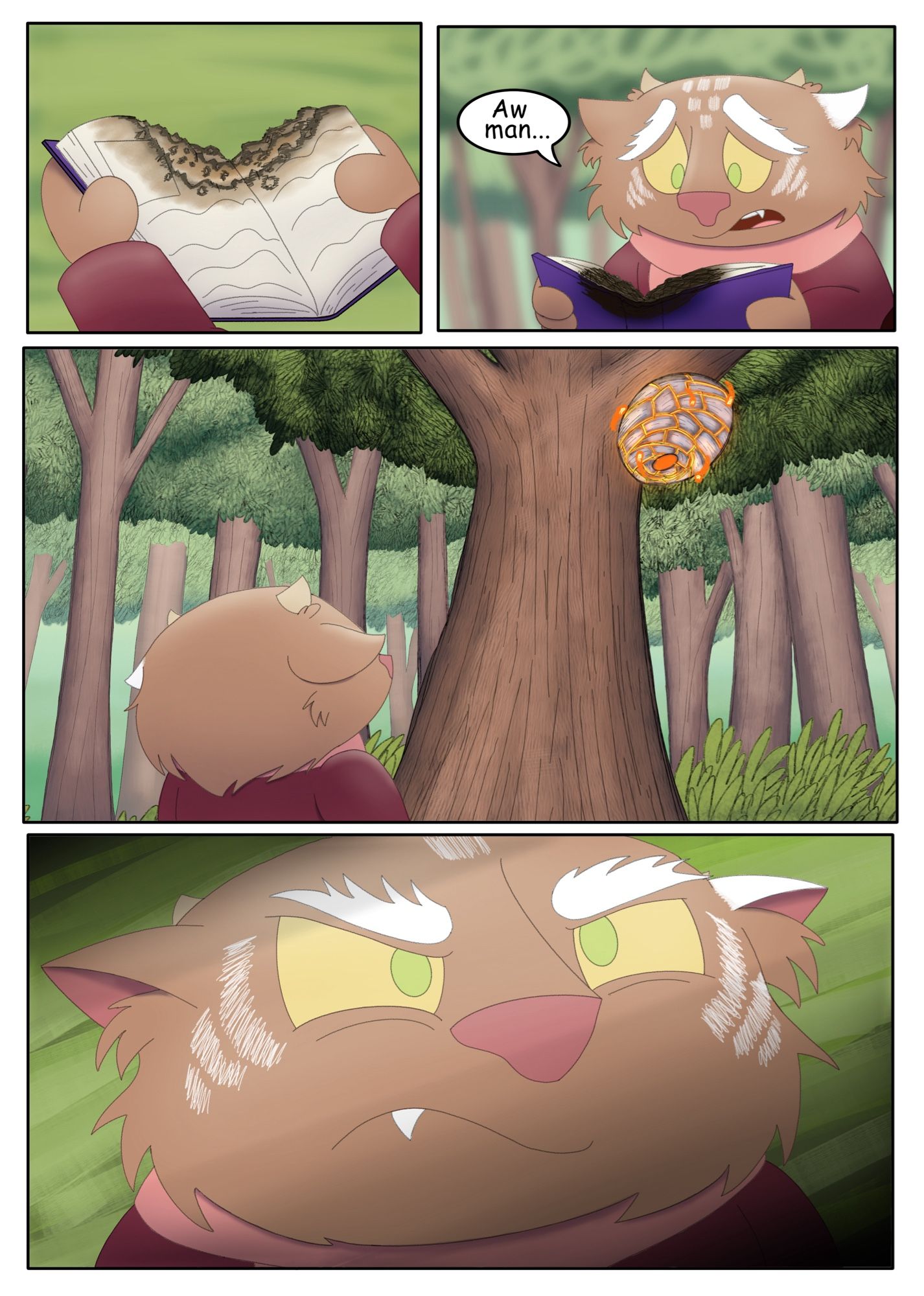 Page 3
Panel 1: The fire has gone out, but it is too late for the book. It has sadly been burned
Panel 2: Purlwink picks up the book, his ears dropping as a sad expression forms on their face.
Purlwink: Aw man...
Panel 3: Purlwink turns around and looks in the direction where the wasp has flown up to, finding the wasp next. 
Panel 4: A closeup on Purlwinks face as he narrows his eyes, formulating a plot to get their revenge.