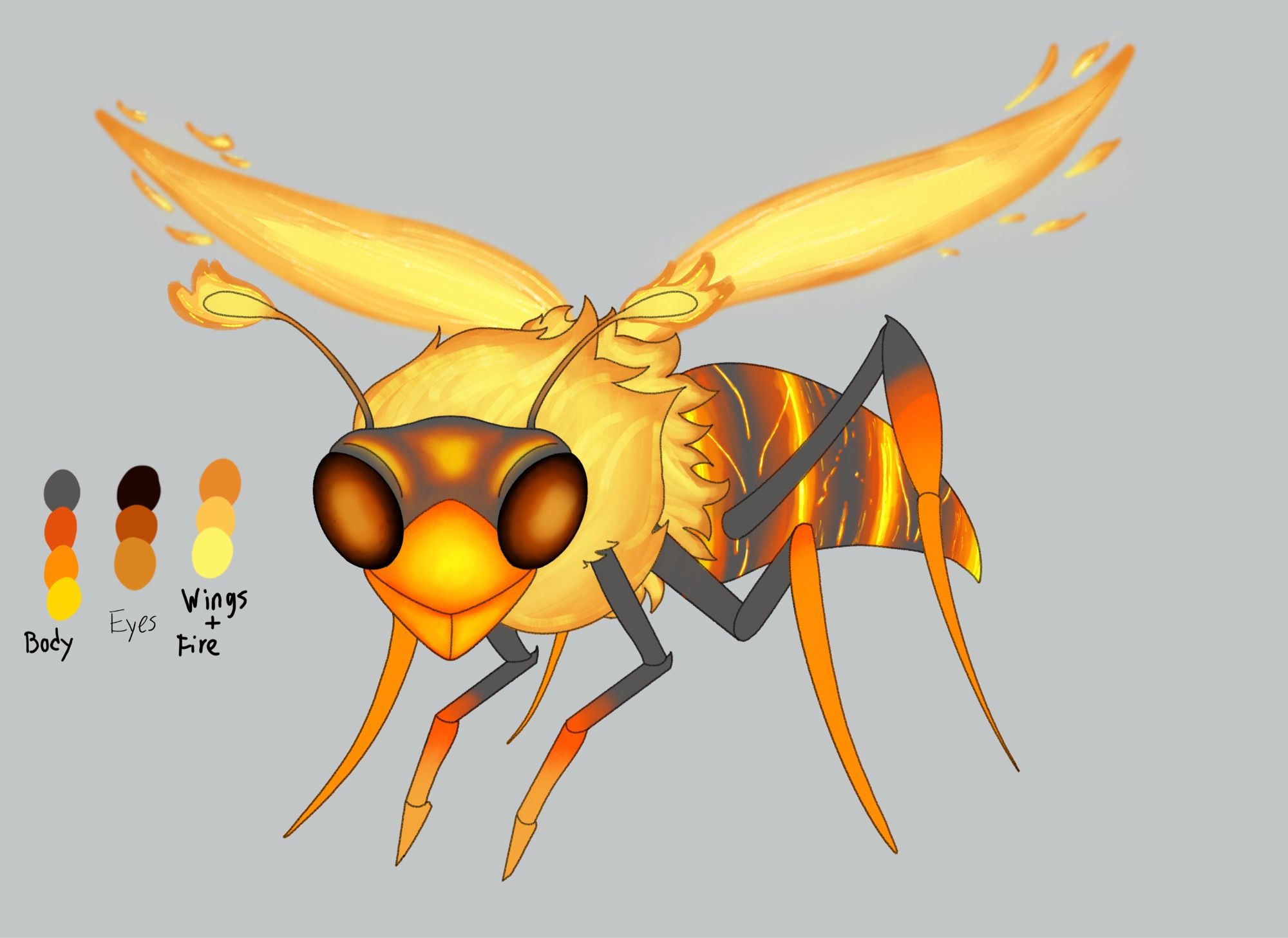 A wasp with a fire theme. It has orange legs and a body resembling burning coal. Its wings and antenna are fire