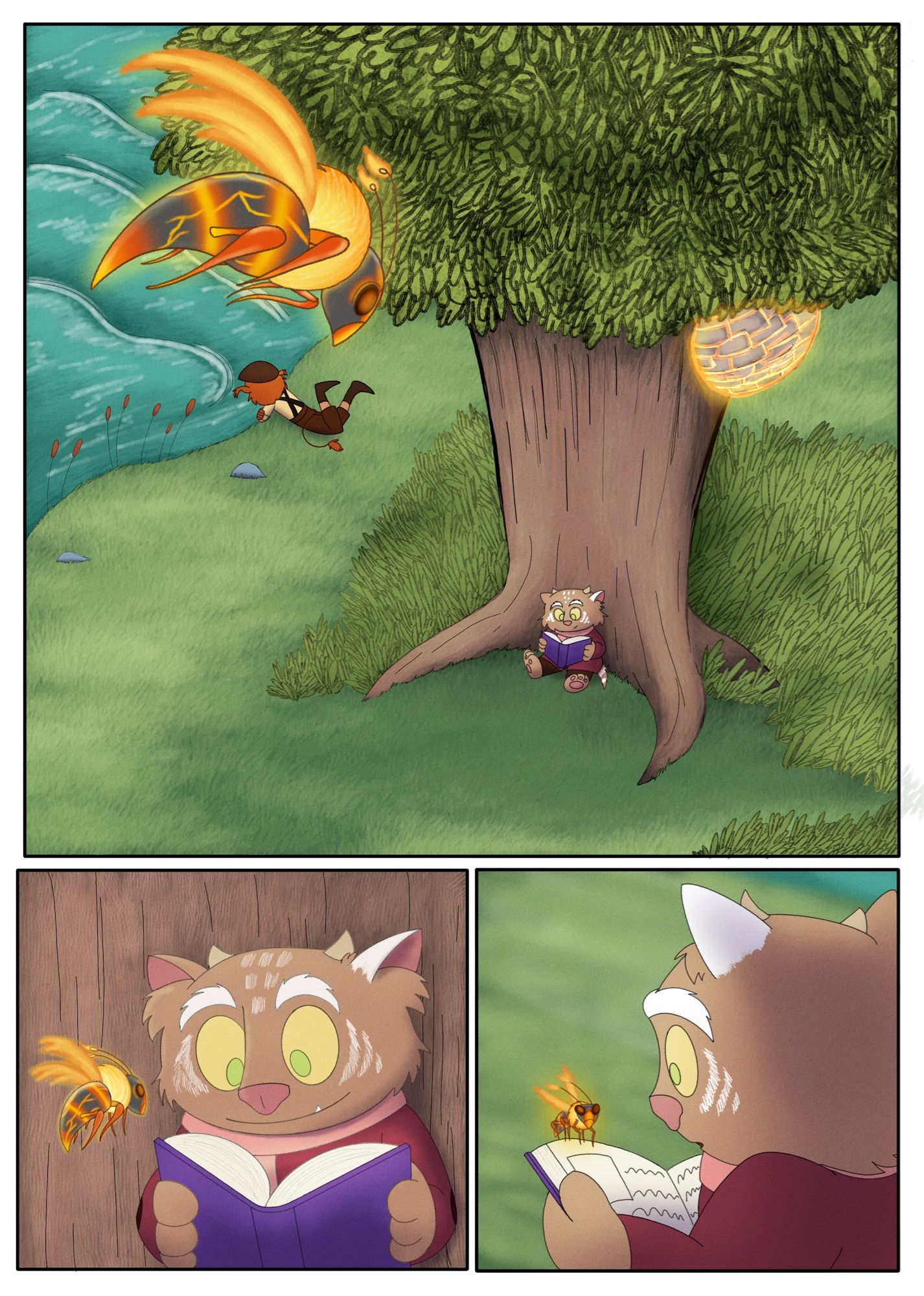 Panel 1: overhead shot of a tree by a river. Purlwink, an orange catlike creature with horns and a white ear and eyebrows, sits at the base of the tree, reading a book. His friend Saffren, an elf-like creature with red hair and a tail, lays by the bank of the river. Above them a glowing wasp with fire wings flies from above towards the ground.

Panel 2: close up of Purlwink, reading their book. The wasp flies closer to him.

Panel 3: over the shoulder shot of Purlwink. The wasp has landed on the top of the book. Purlwink stares at it quizzically.