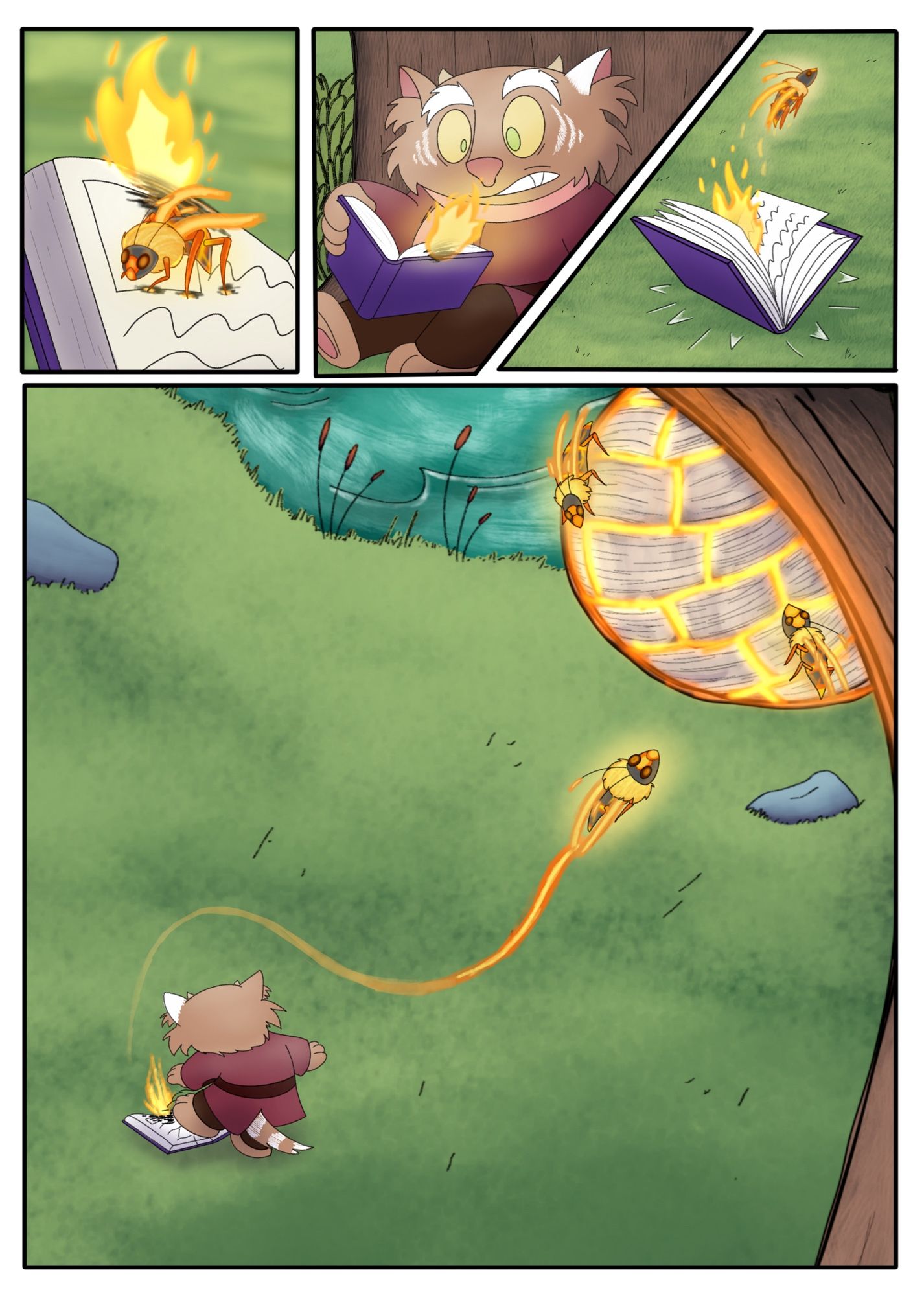 Page 2
Panel 1: The wasp casually crawls across the page of Purlwinks book, not even noticing that it has started a small blaze on the paper.
Panel 2: Purlwink panics, holding the book outwards as he is about to throw it.
Panel 3: The book is thrown and lands on the ground, still ablaze. The wasp flies away.
Panel 4: The wasp flies up to a nest that has been on the tree Purlwink has been reading under. Purlwink has gotten up and started stomping on the book to put the fire out.