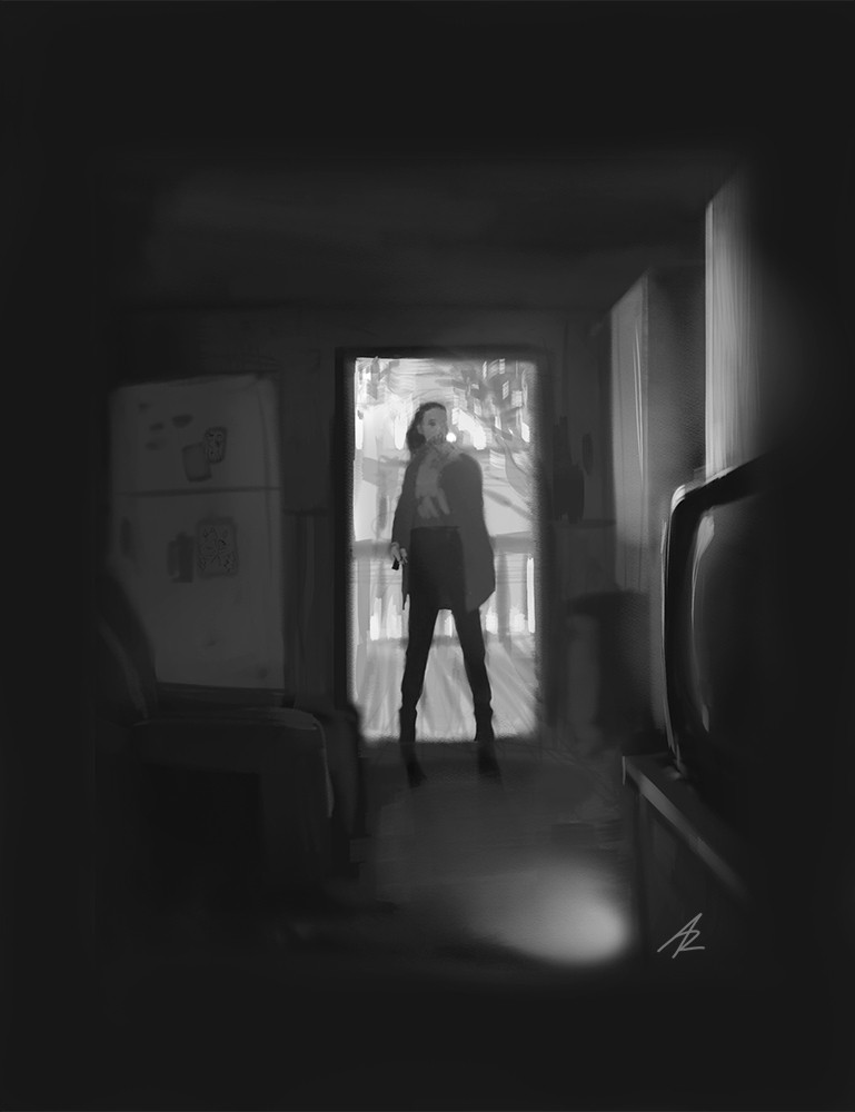 A black and white illustration of Saga Anderson from Alan Wake 2. She's standing in the doorway of her Watery trailer, shining a flashlight into the darkened interior.