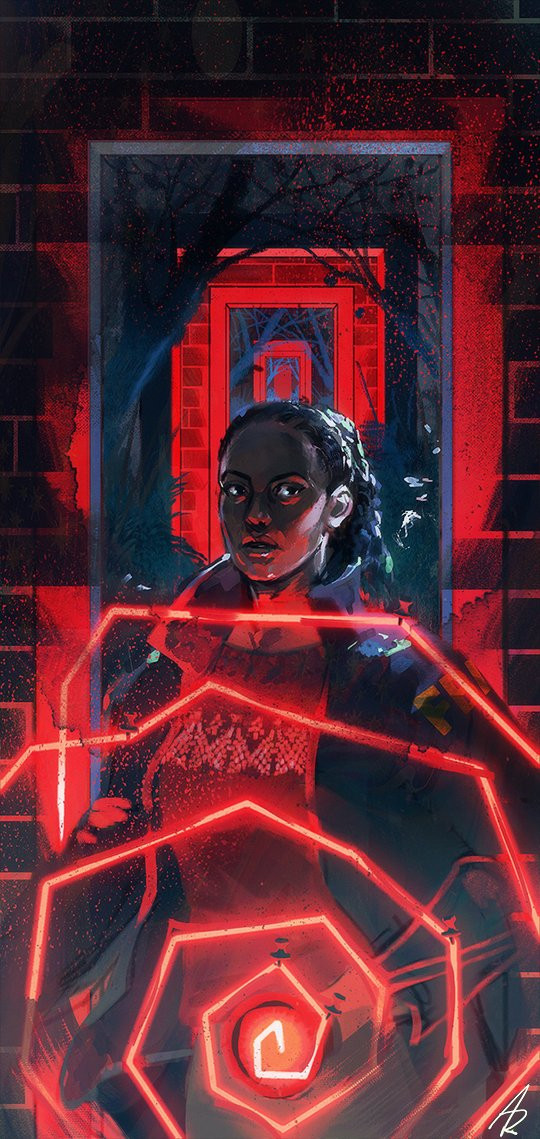 A painting of Saga Anderson from Alan Wake 2. She's standing in a doorway through which multiple other doorways can be seen. Each room alternates between a red lit brick alley and a blue lit forest. The light of her flashlight is a spiral of red string.