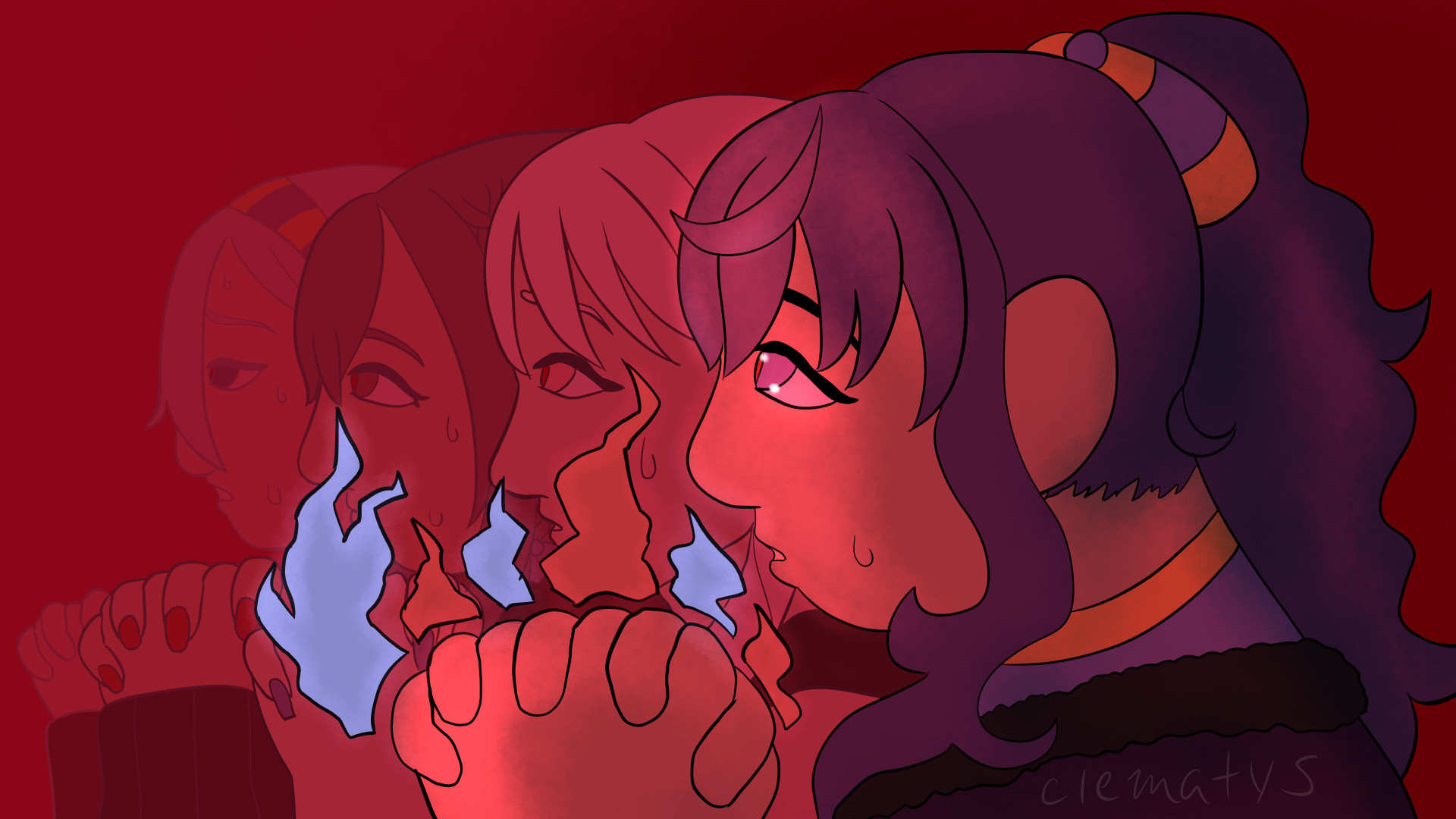 A drawing of all four members of Nightcord at 25:00, they are all lined up next to each other, hands grasped in seeming prayer, all looking up with expressions of concern. The scene is red and they are all sweating, Mafuyu, who is the most in focus, has red and blue flames around her hands.