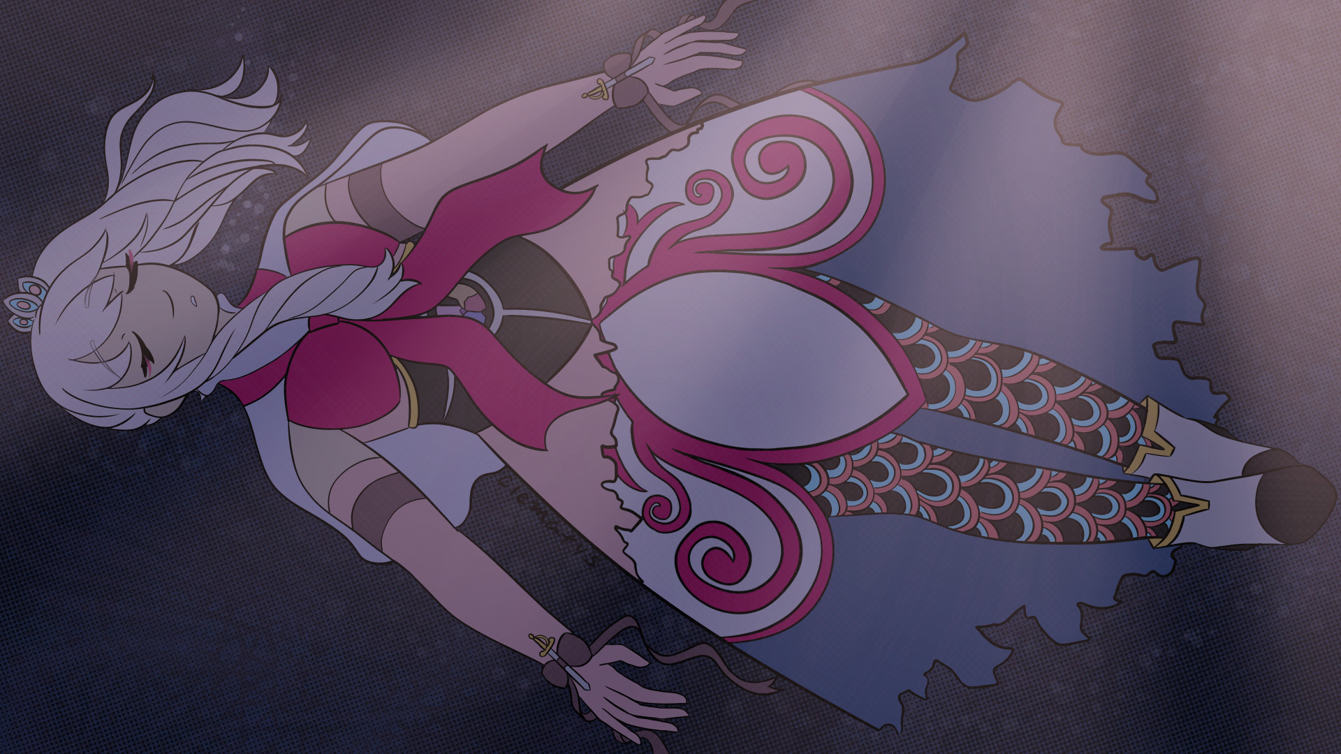 Another drawing of Mizuki, now floating underwater, dark blue abyss below her yet soft pink light shining down on her. Her eyes are closed and bubbles are coming out of her mouth. She is wearing an outfit inspired by Oktavia from Puella Magi Madoka Magica, a torn and jagged pink dress with a blue lining in the skirt, a decoratively embroidered underskirt, a black corset like bodice depicting and shattered grief seed, mermaid scale leggings, a large bow on her chest, and small bows decorated with swords on her wrists.