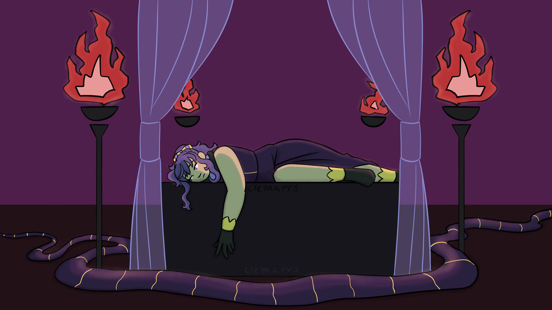 Another drawing of Mafuyu, she is laying down on her side on a dark slab surrounded by curtains, she is dangling her hand off the side, and looking down with a sad expression. A large purple and gold snake slithers along the floor in front of her, its head and tail cannot be seen.