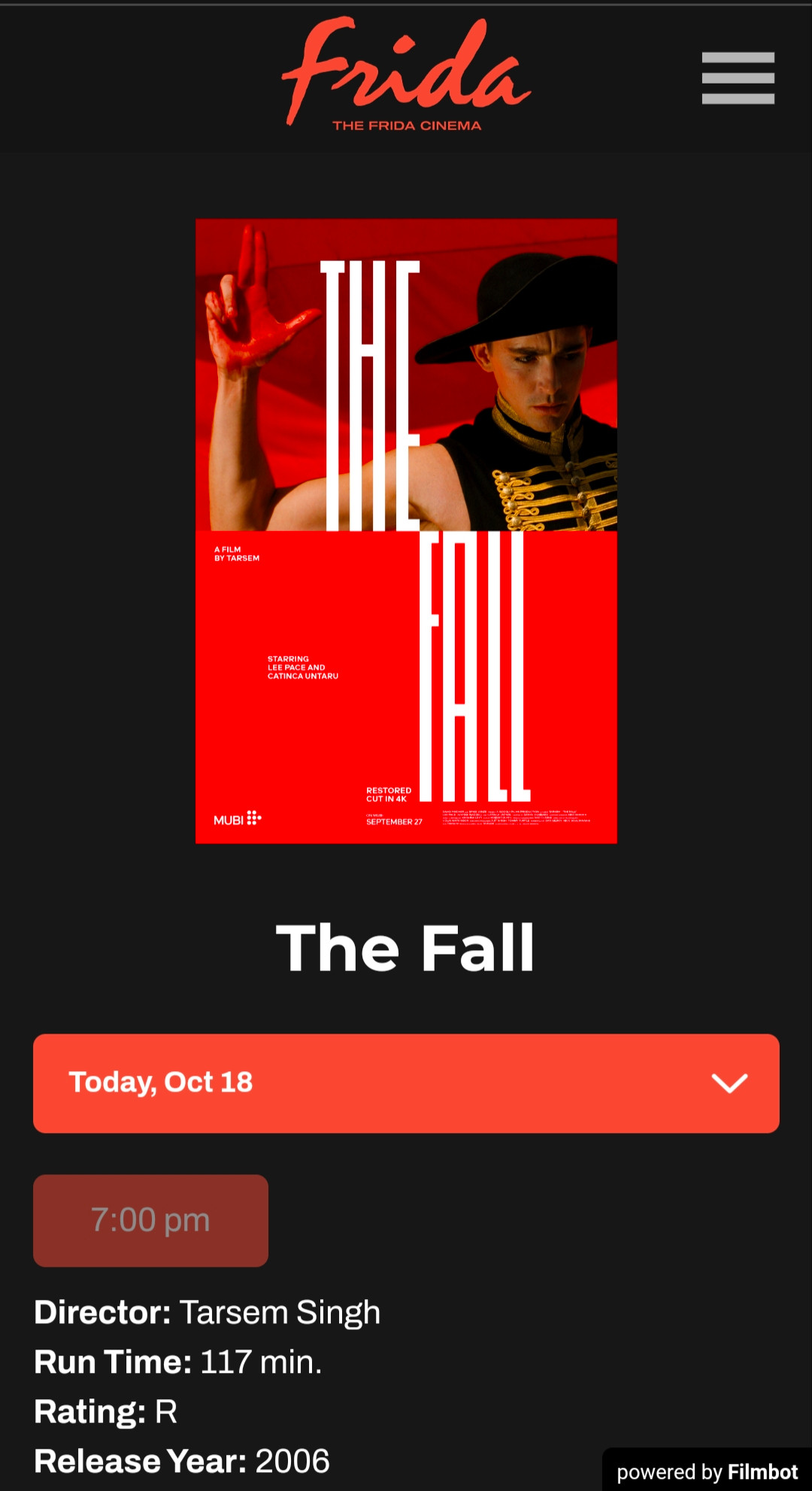 A movie poster for The Fall, playing at the Frida in Santa Ana, CA