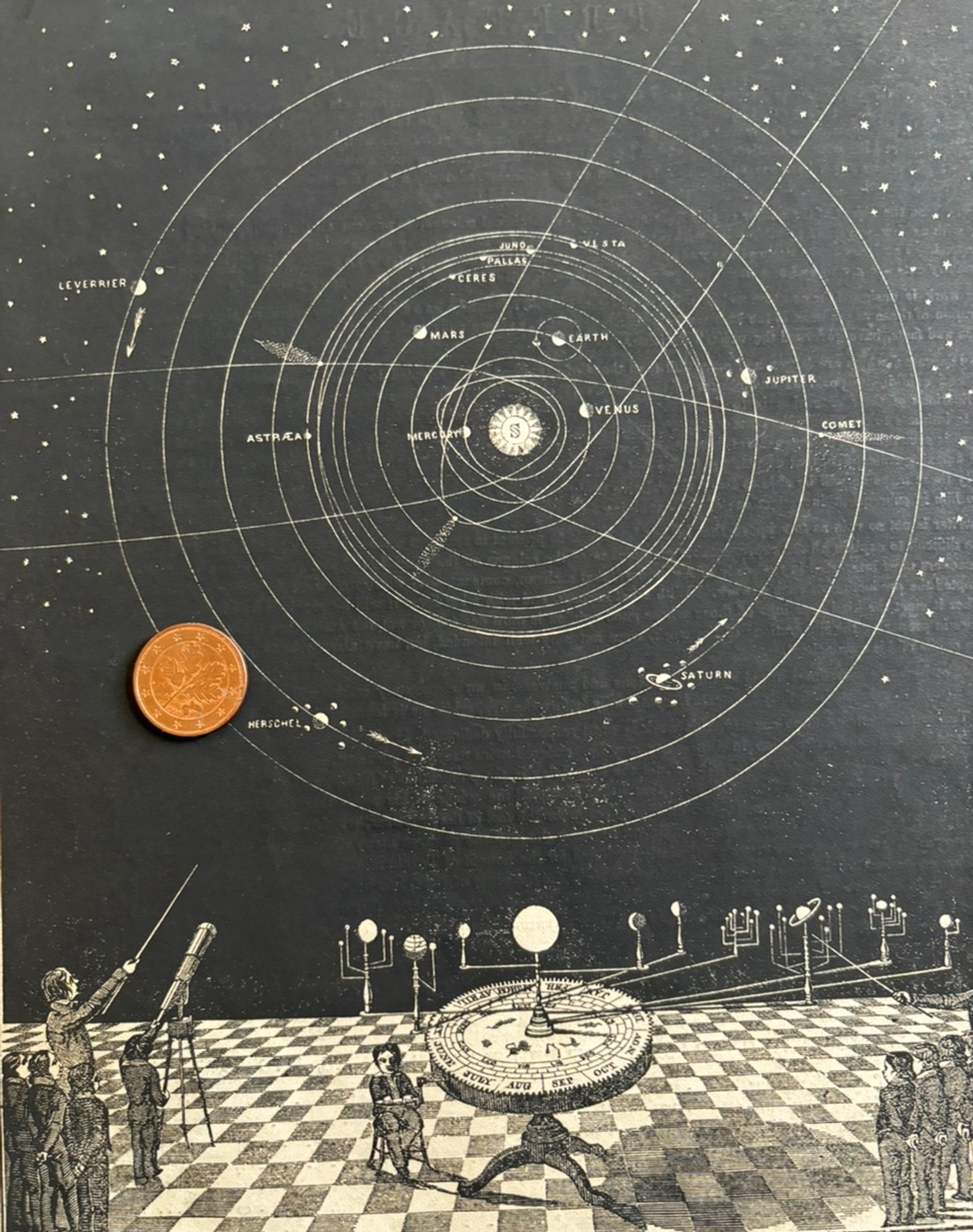 An illustration from a mid 19th century book on astronomy with a full page depiction of students arrayed on a fantasized checkered plain with an instructor on the left pointing to the solar system including portrayals of the paths of planetary and comet orbits in the night sky. There is also an orrery I. the middle of the plain with a seated student operating a mechanical crank.