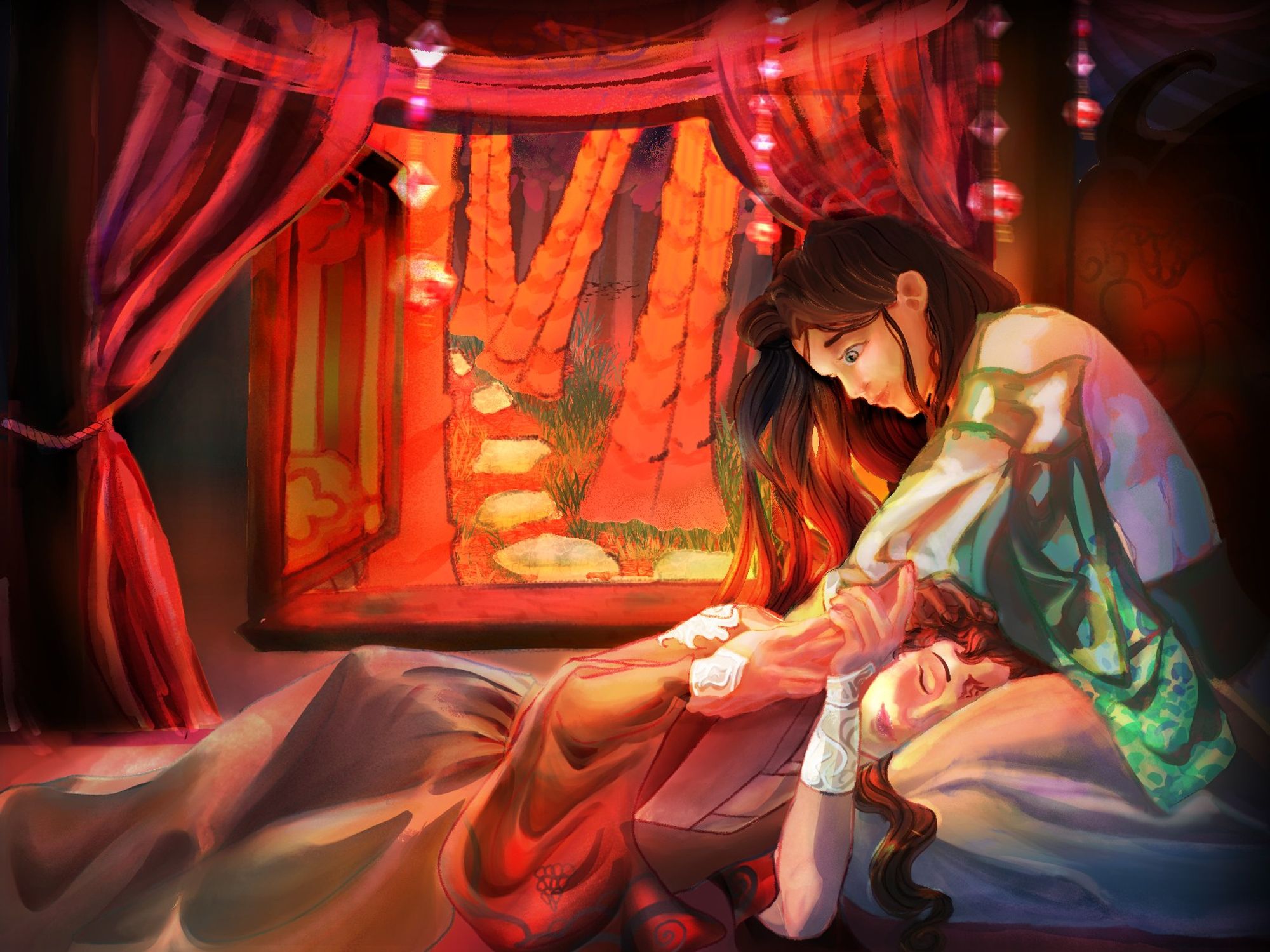 The sunsets as Luo Binghe naps on Shen Yuan's lap, he falls asleep holding his hand and listening to monster stories, the door to the bamboo cottage opens a crack as another student comes in to leave snacks off screen.