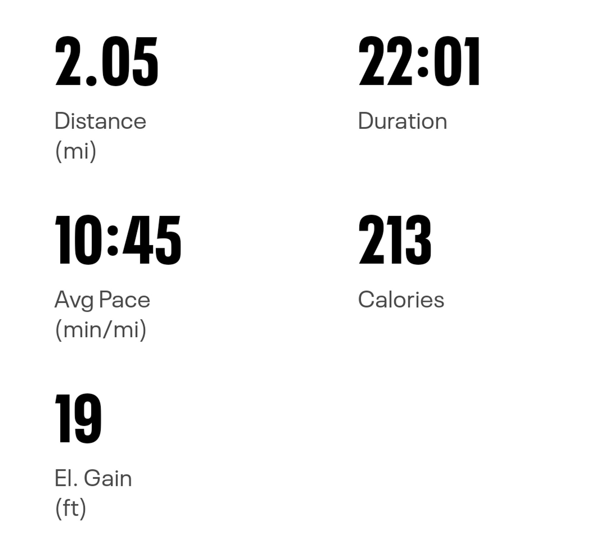 Running stats: 2.05 miles total, 22:01 total duration, 10:45 average pace, 213 calories burned, 19 feet elevation gain