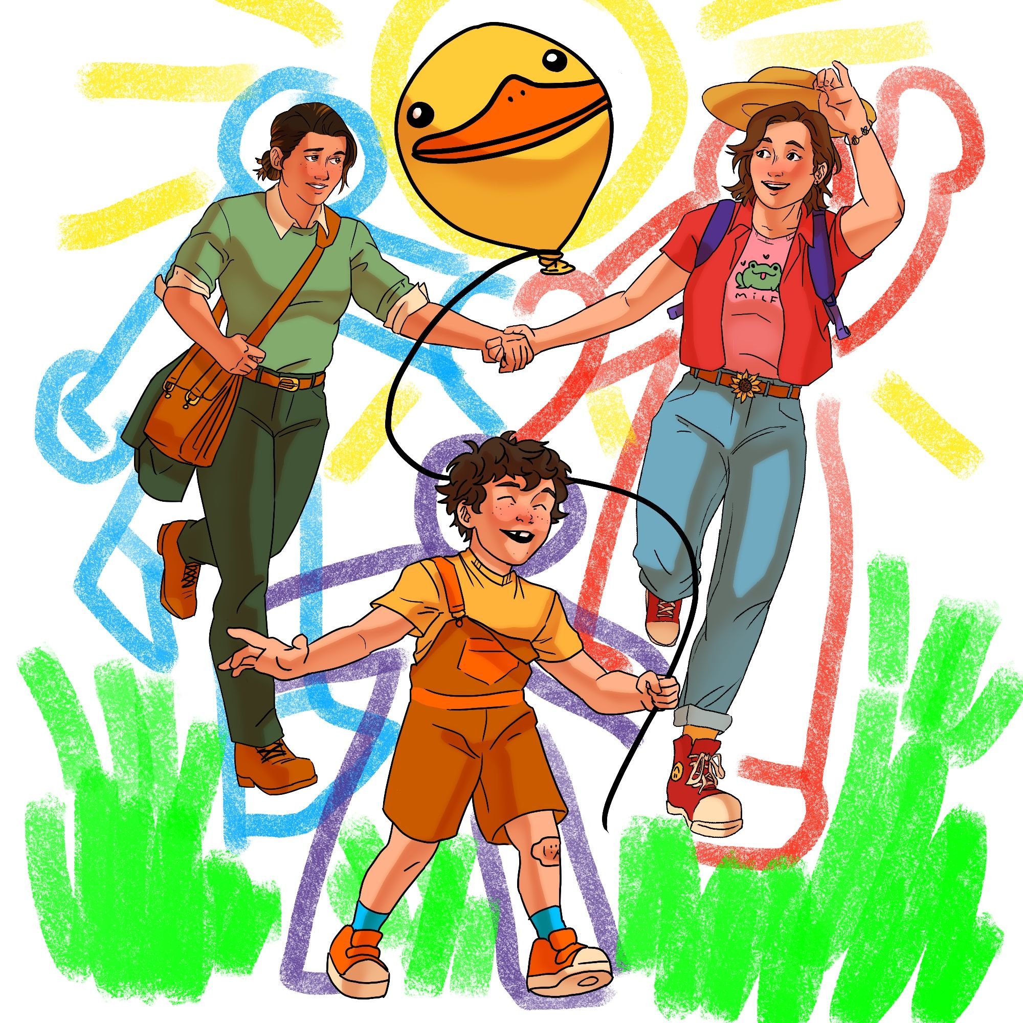 Ava pulls bea along after diego, who is holding a ducky balloon