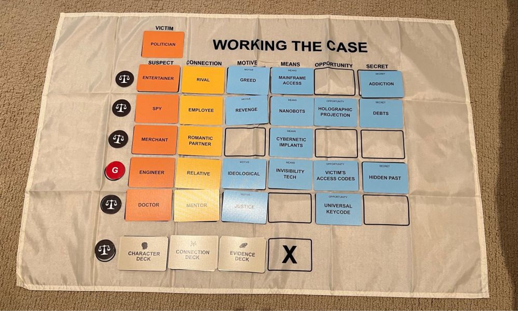 The working the case evidence grid with suspects and evidence cards spread out