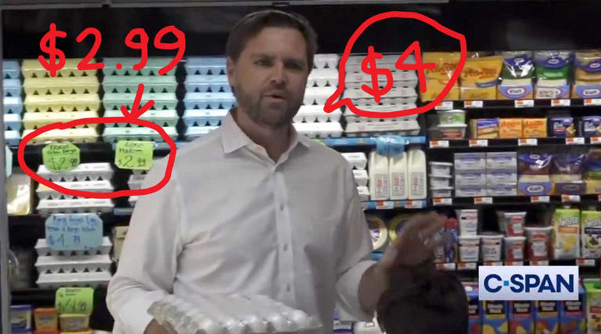 Vance: Eggs are $4.00 a carton and it is bc of Kamala Harris. Behind him, there are eggs are priced at $2.99