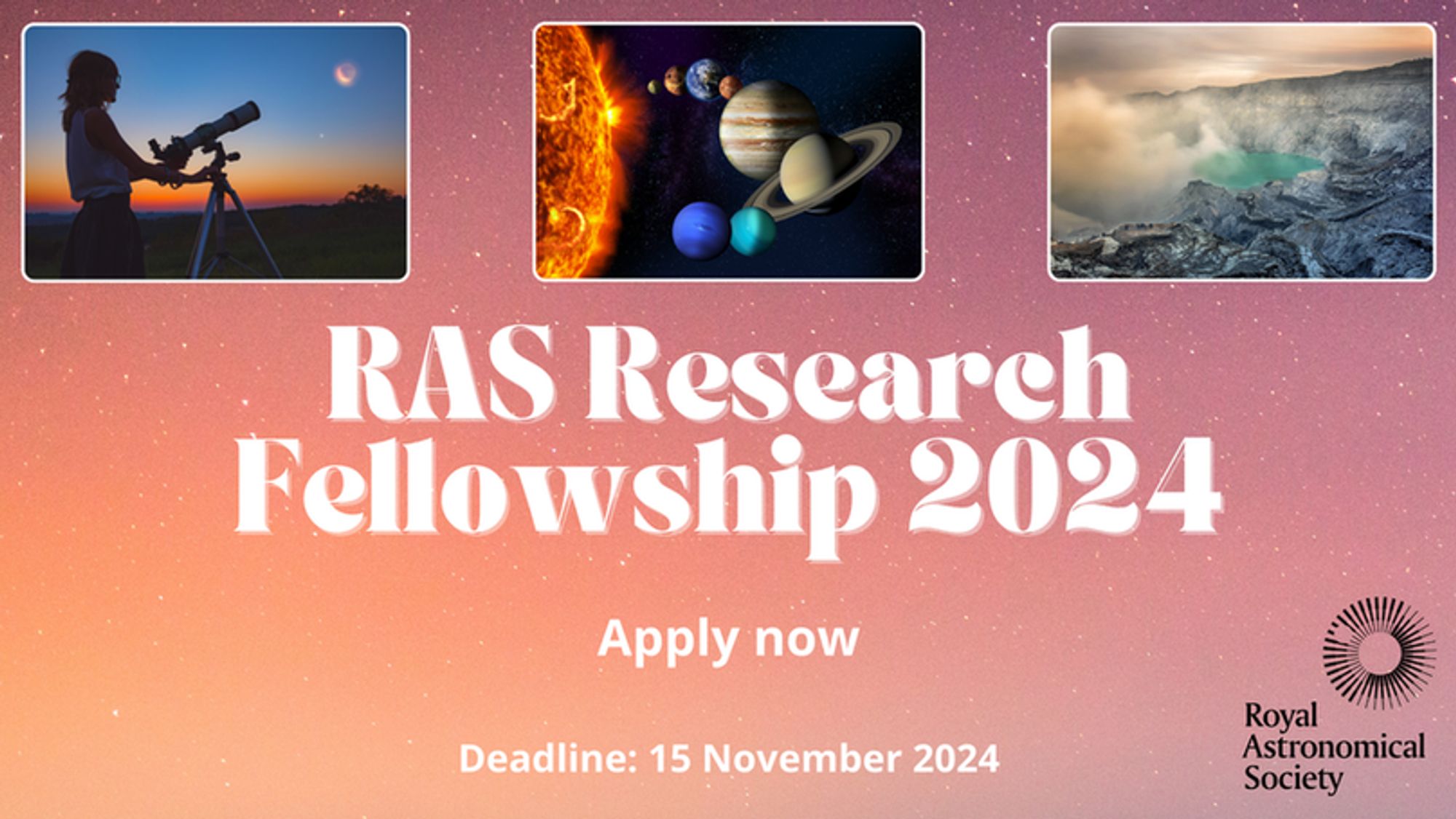 Artwork for the RAS Research Fellowship 2024 with pictures representing astronomy, solar system science and geophysics.