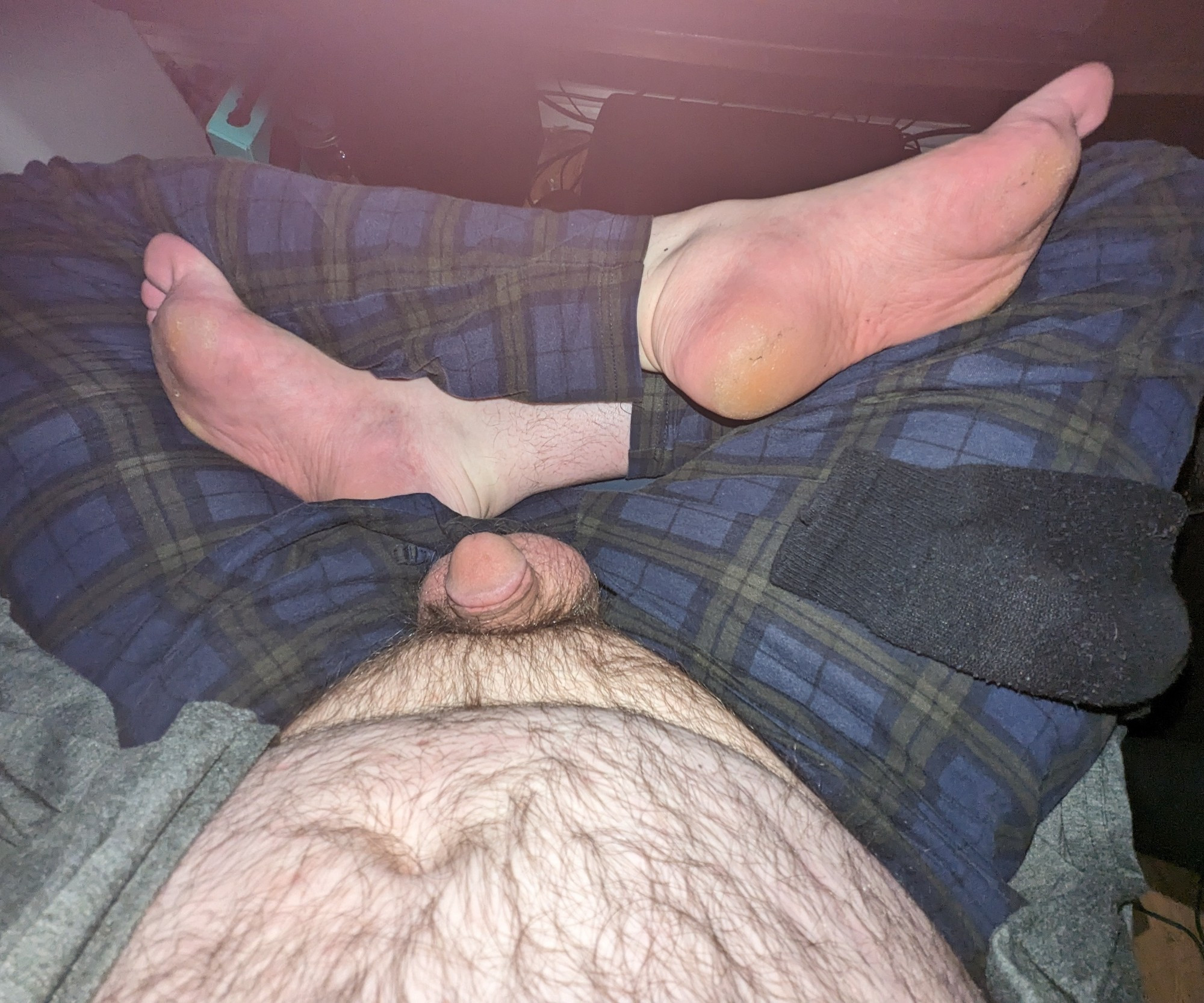 My sweaty and musky feet after a jog today. And my soft cock and tummy.