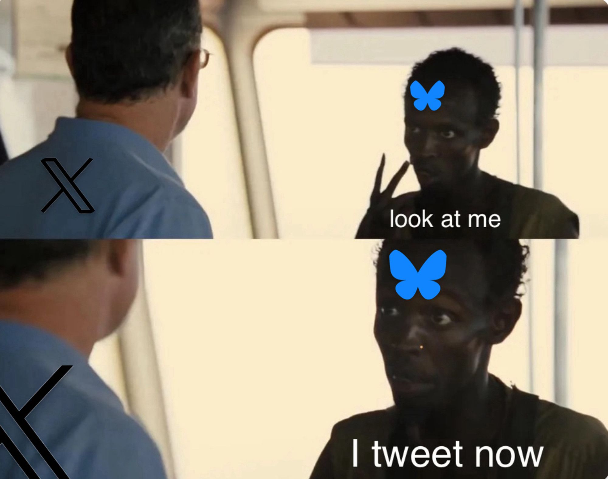 “I’m the captain now” meme with the X on Hanks’ back and the bluesky butterfly on Barkhad Abdi