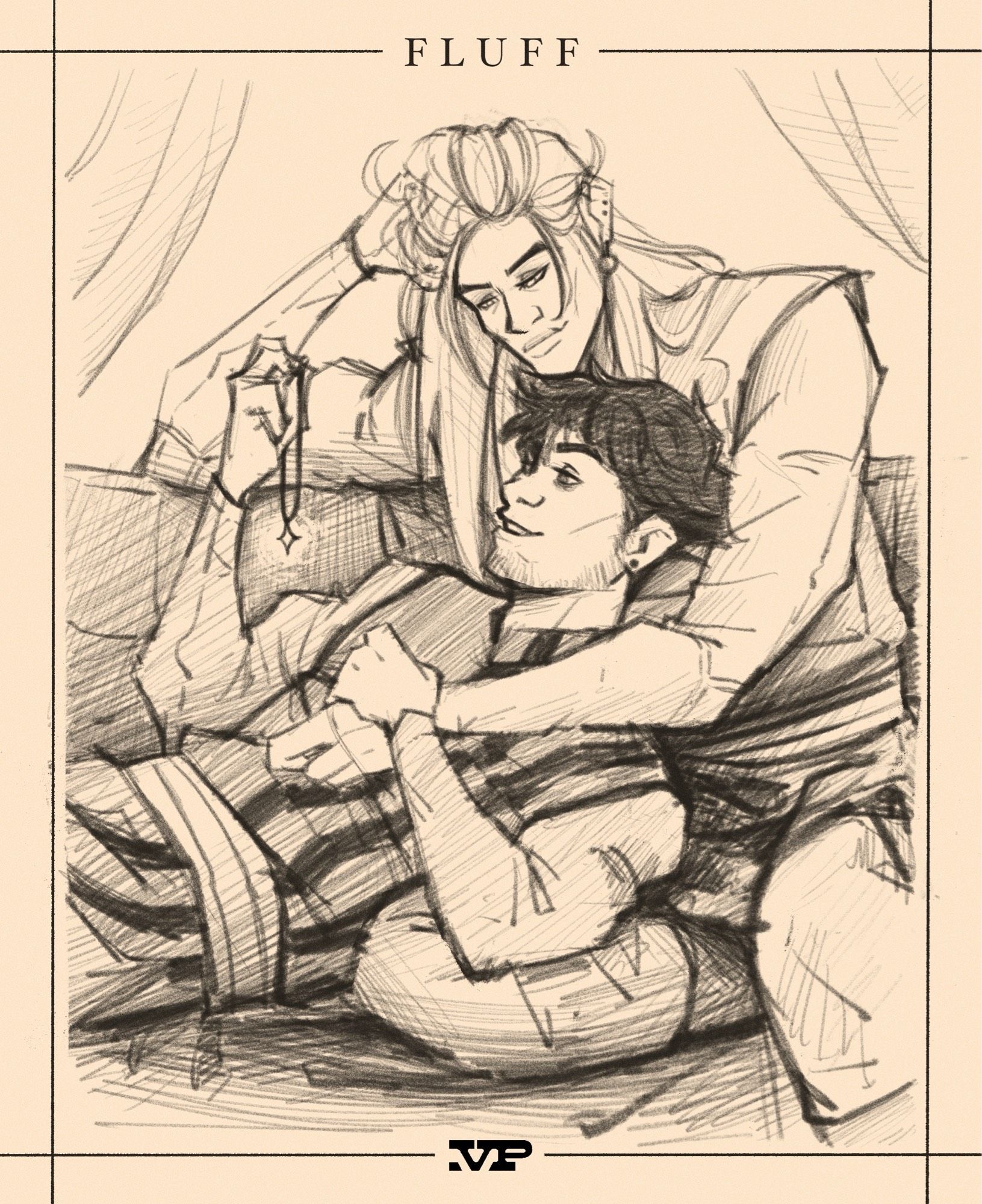 Sketch of two men cuddling on a couch.  One with long hair sits with up, while the other dark haired one rests his head in his lap. The dark haired one holds up a necklace, amused, while the other looks lovingly down at him