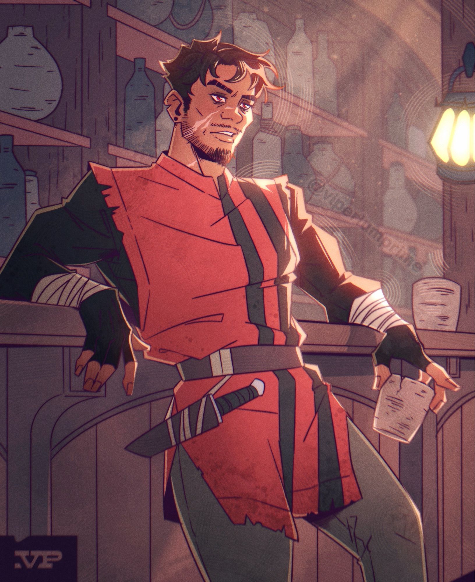 Illustration of a man leaning against a tavern counter and looking out across the murky room, a cup dangling from one hand. He wears a red and black tunic, and a knife is strapped to his waist