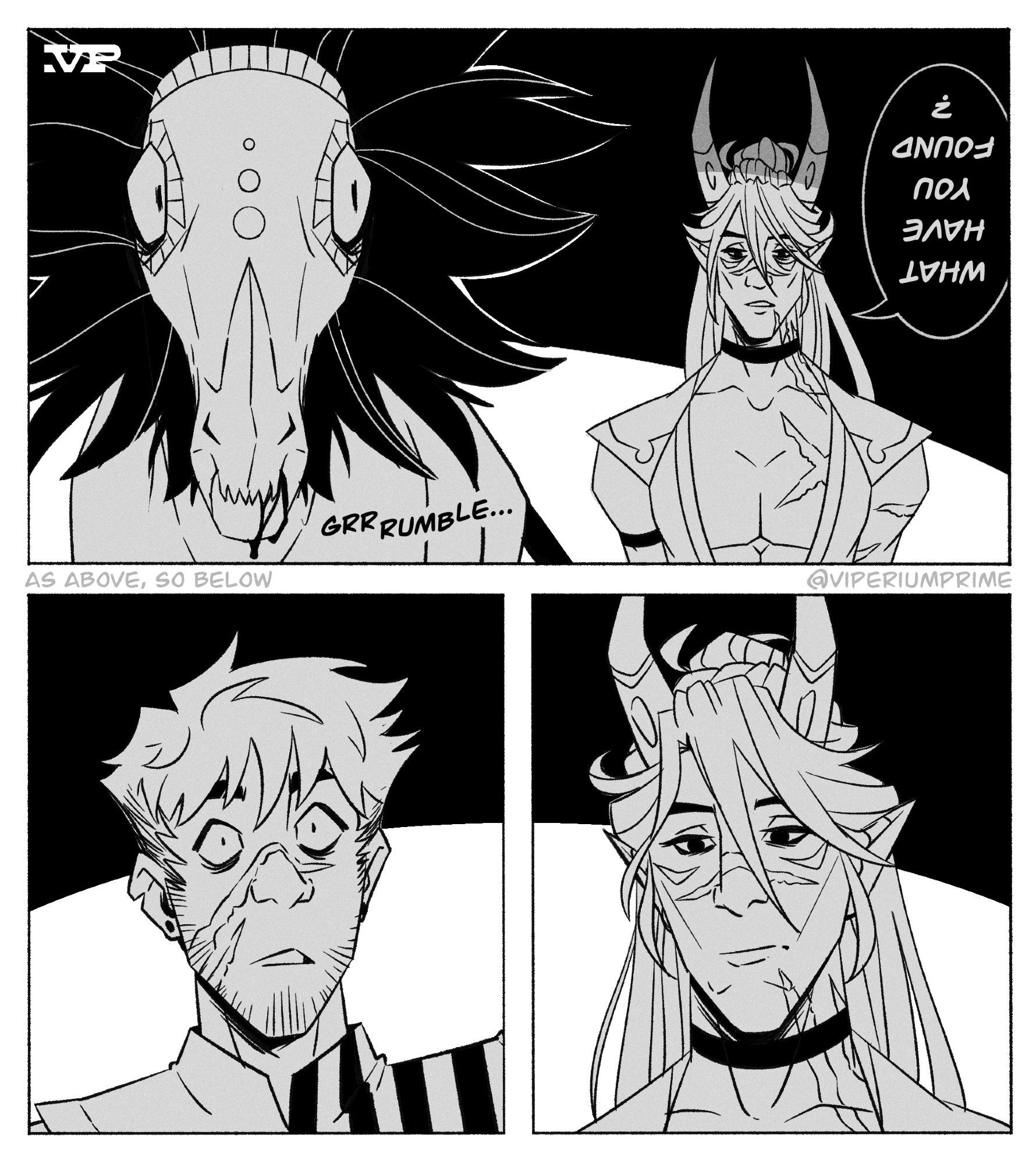 Three panel comic page. The top panel shows a creature standing next to a tired looking man with horns and scars. The man speaks to the monster in an upside-down speech bubble: “what have you found?” 
The bottom left panel shows the shocked expression of another man, who can’t believe who he’s seeing. The bottom right panel shows a close up of the horned man, his appearance bedraggled and his eyes empty as he looks down on the other man