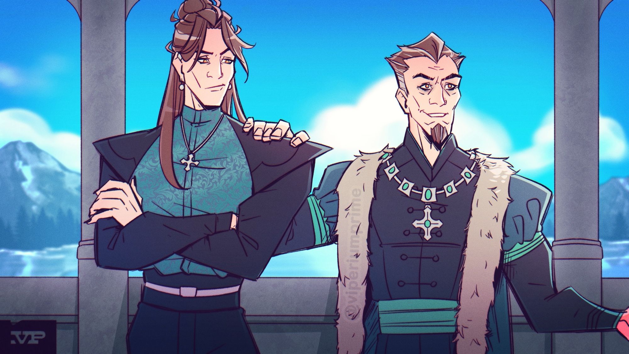 Illustration of two men standing on a balcony in front of an alpine lake. The older man puts a hand on the younger man’s shoulder, intent on introducing him to someone off screen. The younger man looks down at the hand with disdain