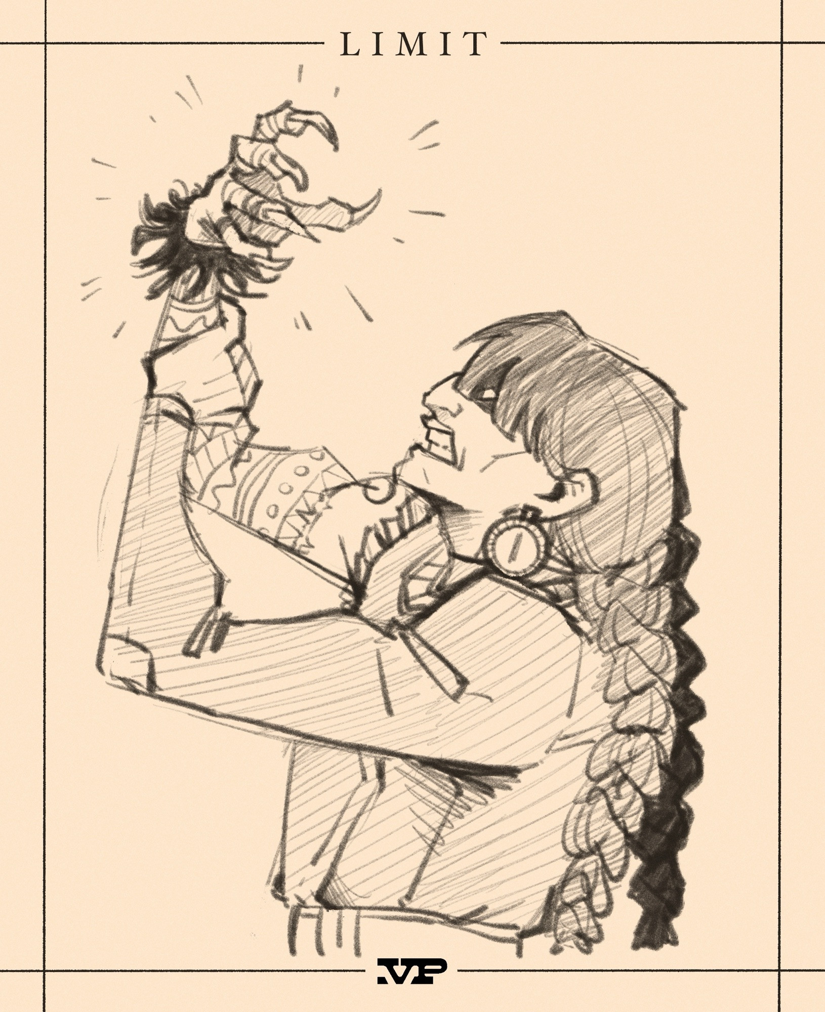 Sketch of a woman fighting her own right arm as it tries to claw her. She has thick black hair in long twin braids and round disc earrings.