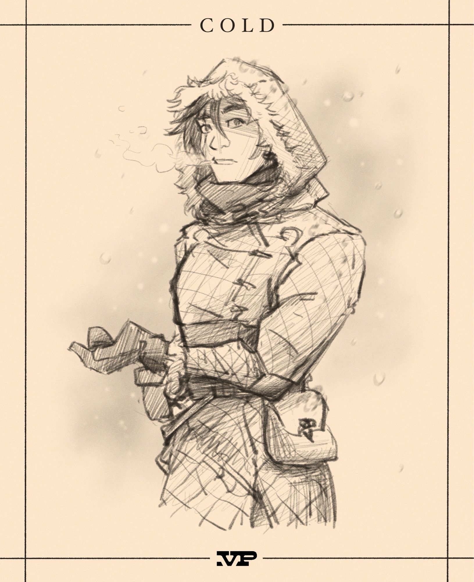 Sketch of a woman dressed up in warm winter gear, including fur lined hood and gloves and a thick overcoat