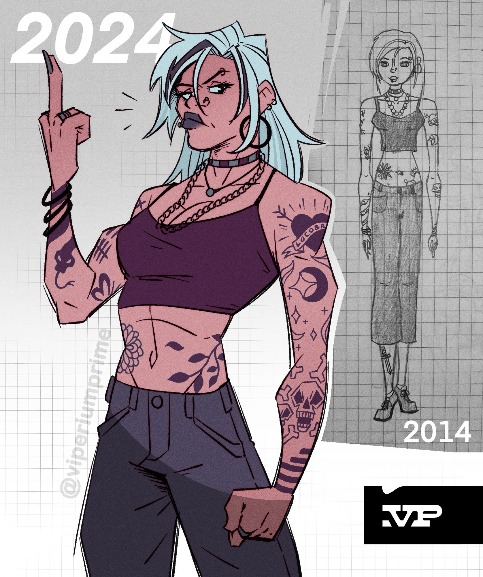 Illustration of a woman covered in tattoos and piercings. She throws up a middle finger and scrunches her lips. She has white spikey hair and purple clothing