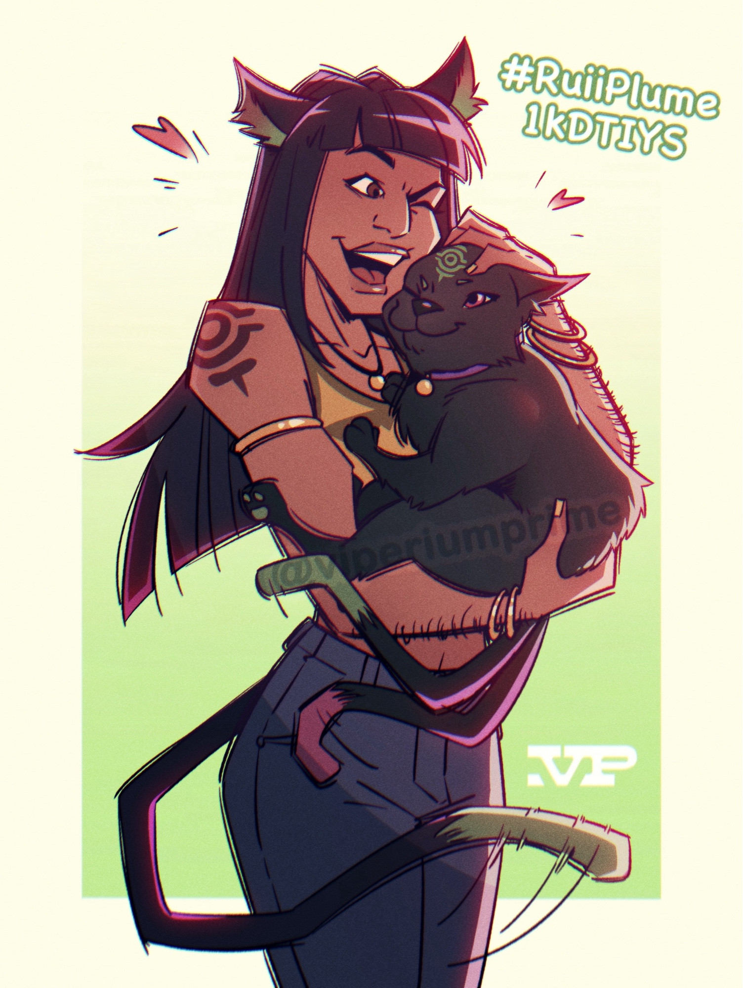 Draw This In Your Style Illustration of RuiiPlume’s OCs, a catwoman hugging a cat. The woman has long black hair and a tattoo on her shoulder, the same mark as on the black cat’s head. The cat has two tails