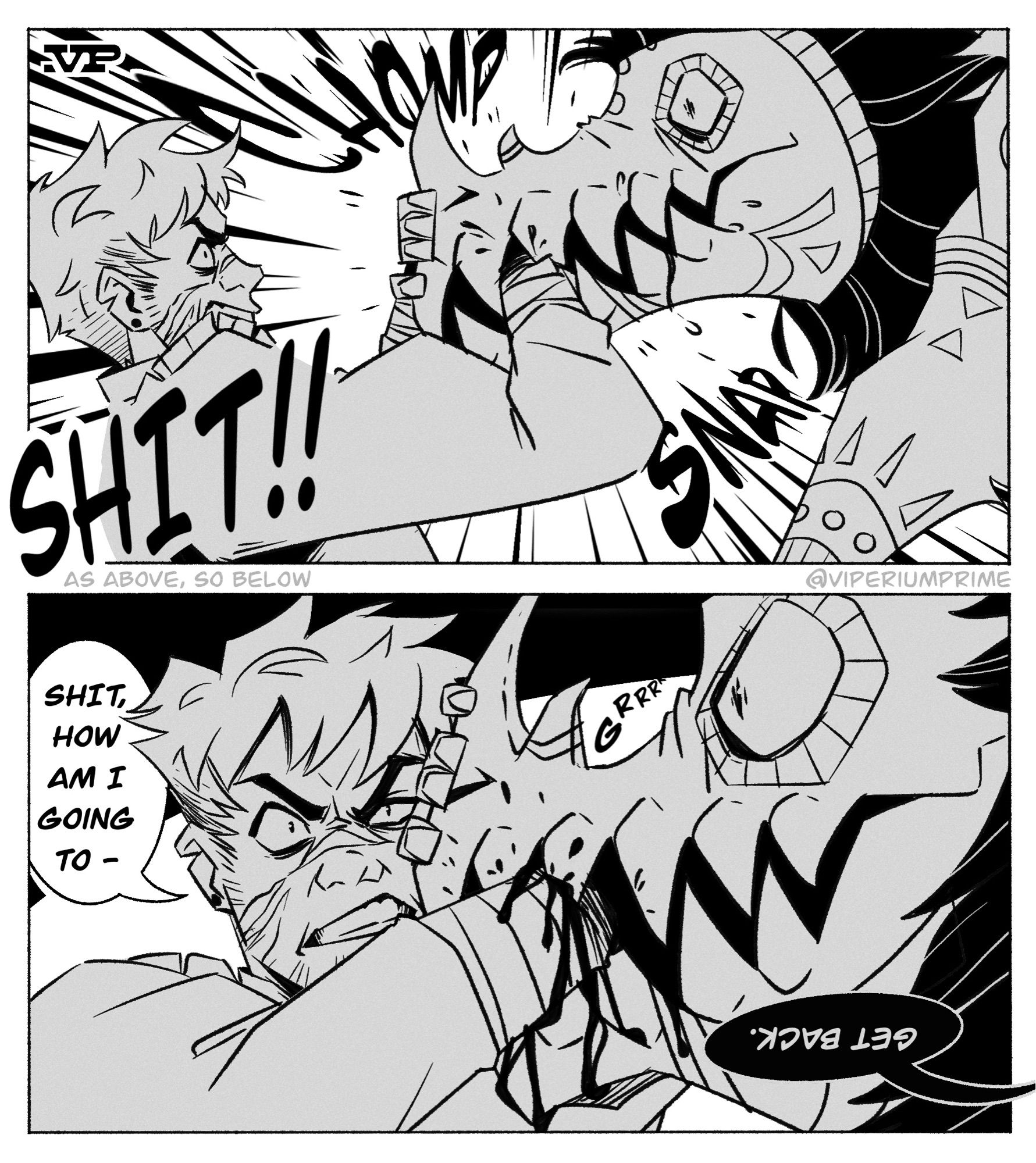 Two panel comic of a man getting attacked by a large monster. The top panel shows the beast clamping down on his arm, and the man exclaims “shit!!”
The second panel shows a close up of him trying to push the beast off, while he says to himself, grimacing, “shit, how am I going to -“
A black speech bubble with upside down words calmly speaks to the monster, “get back.”