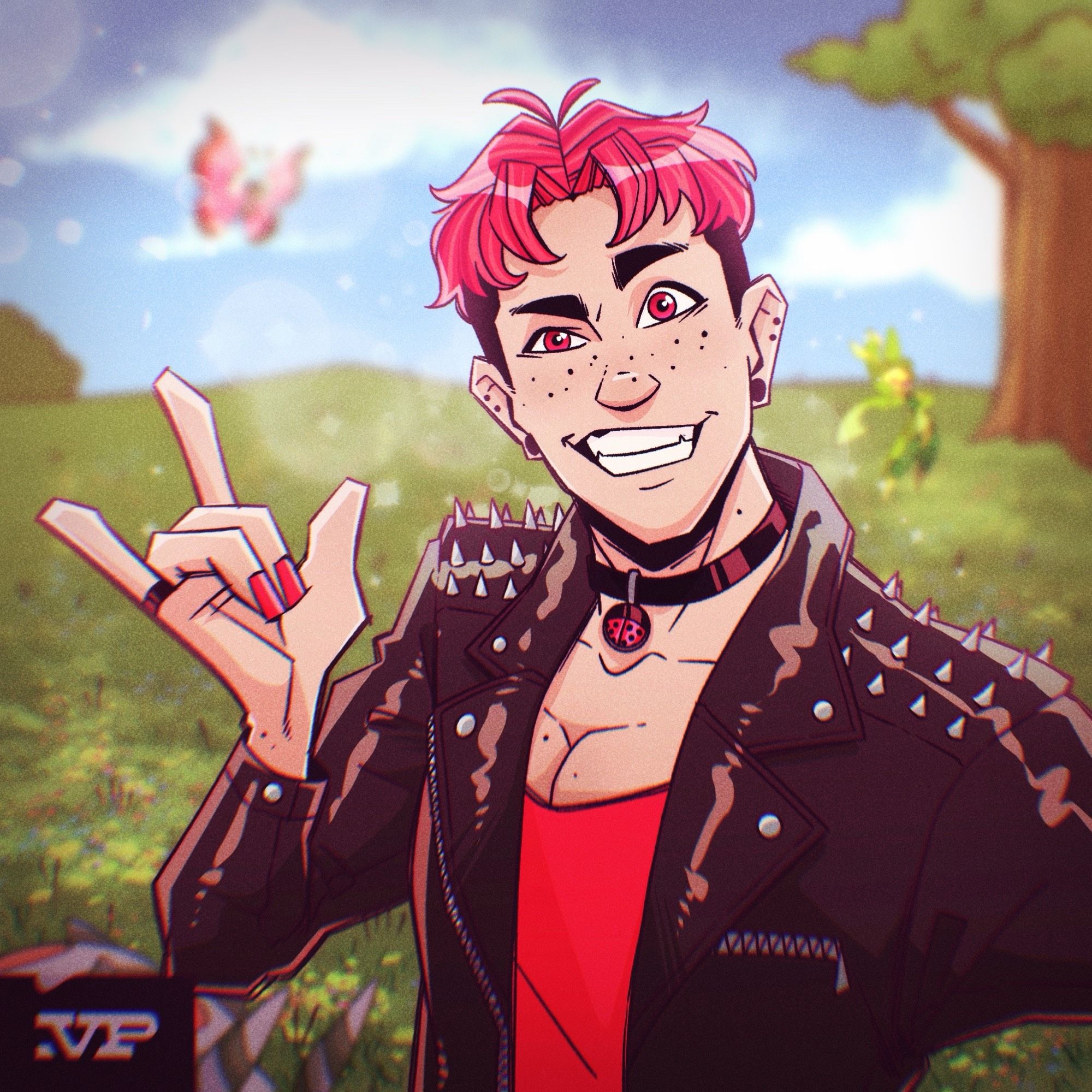 Illustration of a pinked haired man taking a selfie in a field of Pokemon. He throws up the devil horns hand gesture with a grin