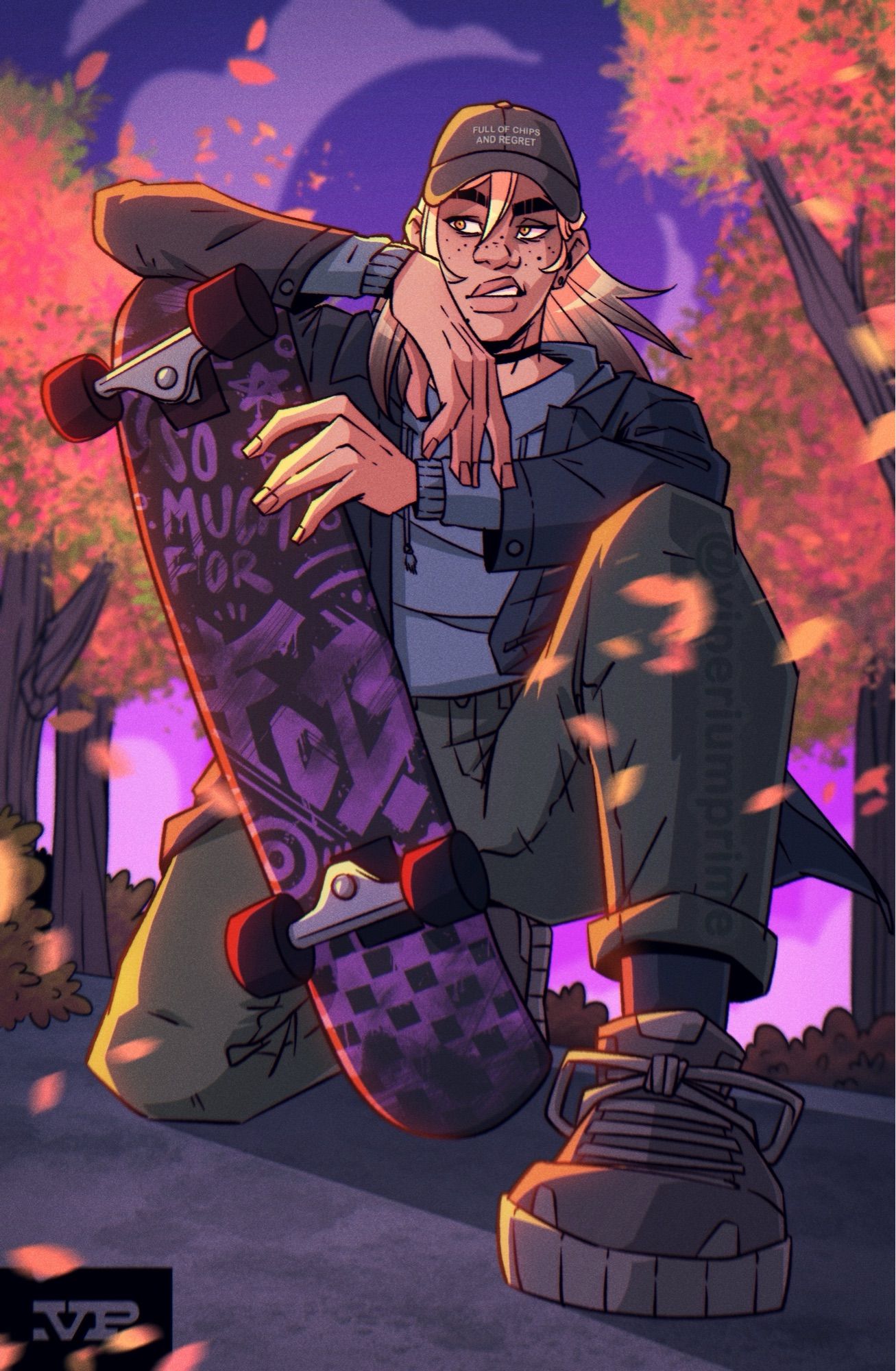 Illustration of a blonde haired woman posing with a skateboard on a windy fall day. The background has orange and purple colors, and she is wearing neutral -colored clothes