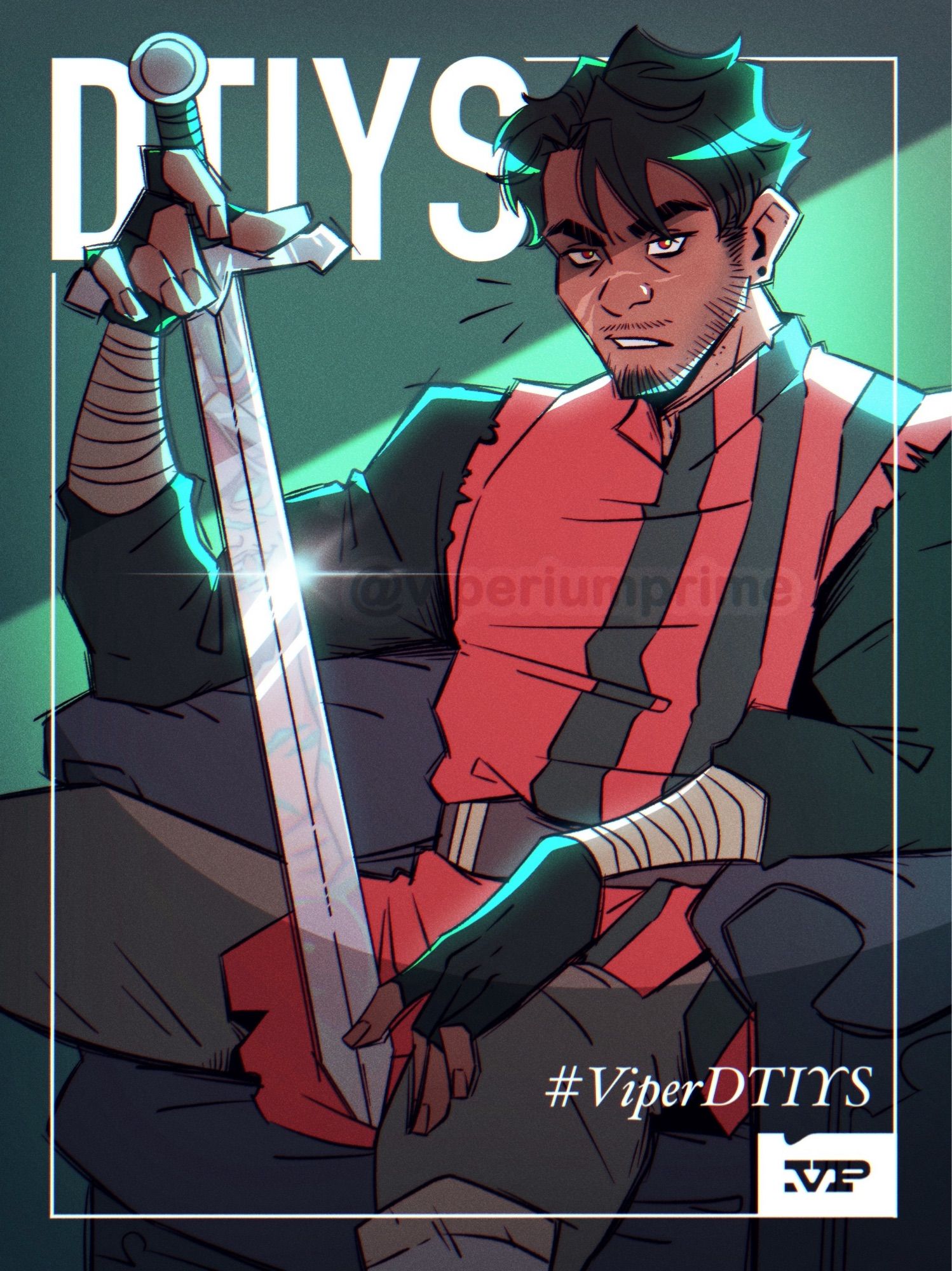 Illustration of a man sitting in a chair with a sword between his legs. He wears a red tunic with stripes. Text reads “DTIYS” and “hashtag Viper DTIYS”