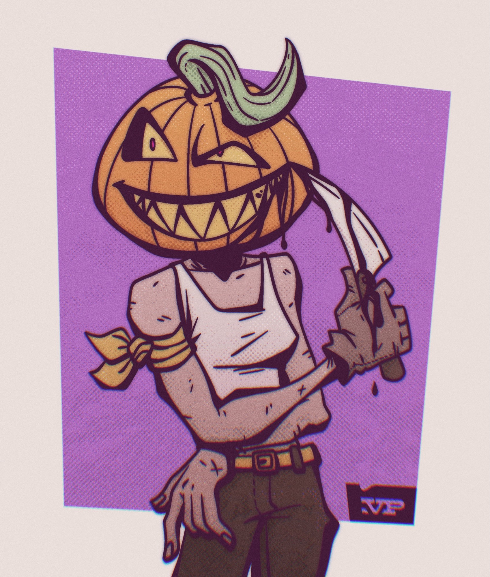 Illustration of a person with a jack o lantern head holding a knife as if they’ve carved the smile into their jack o lantern face