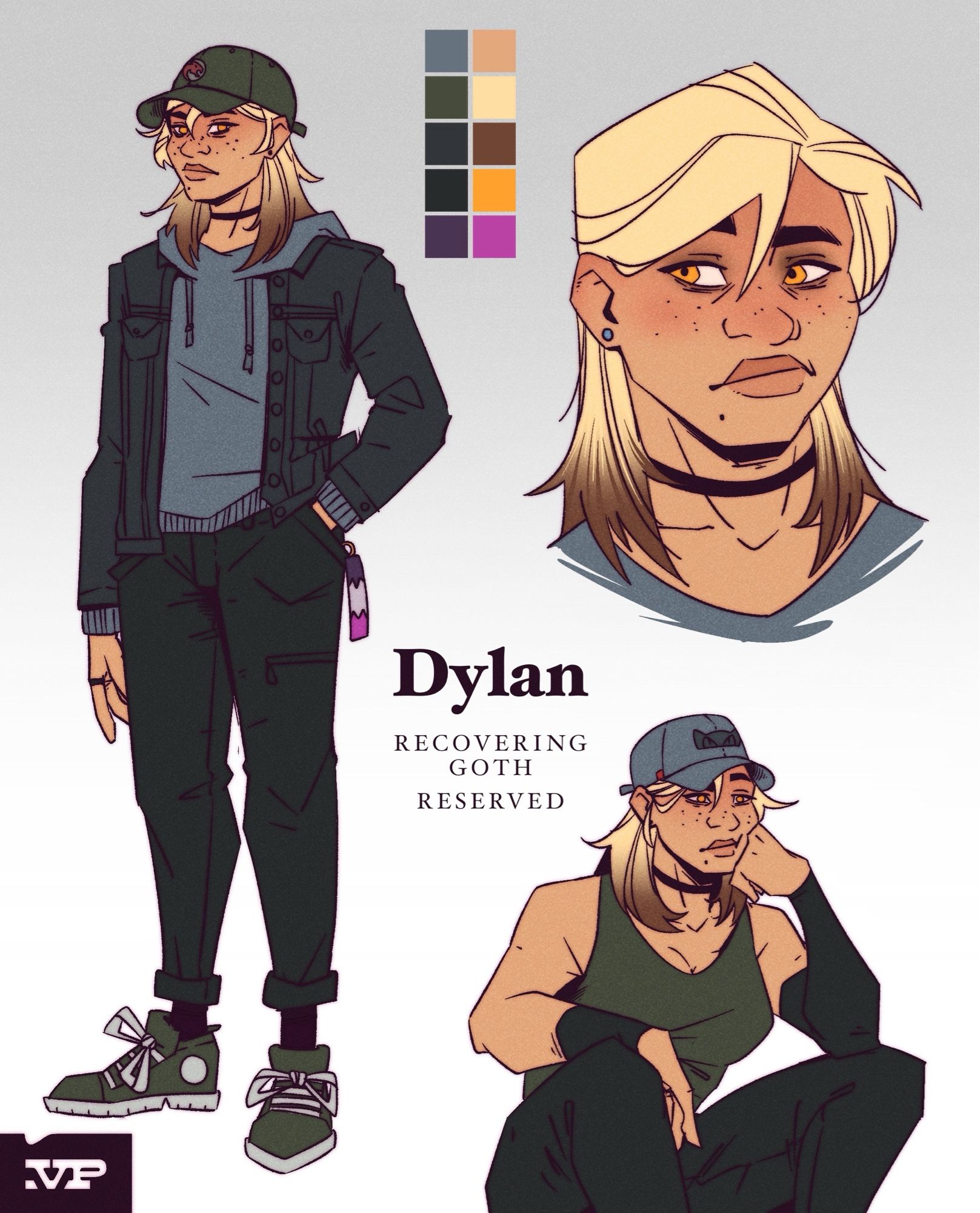 Ref sheet for Dylan, a brown and blonde woman with yellow eyes. Her color palette is dark neutrals. Text on the sheet says “Dylan, recovering goth, reserved”