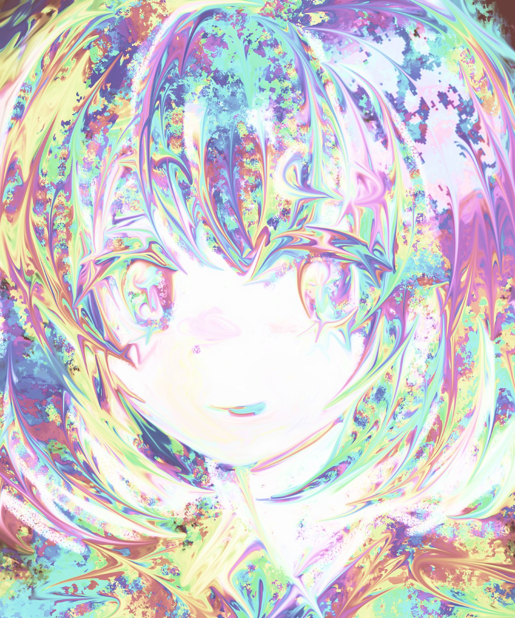 colorful and dreamy drawing of Diamond from Houseki no Kuni. the background consists of glowing blotches of color which blends into their hair. 