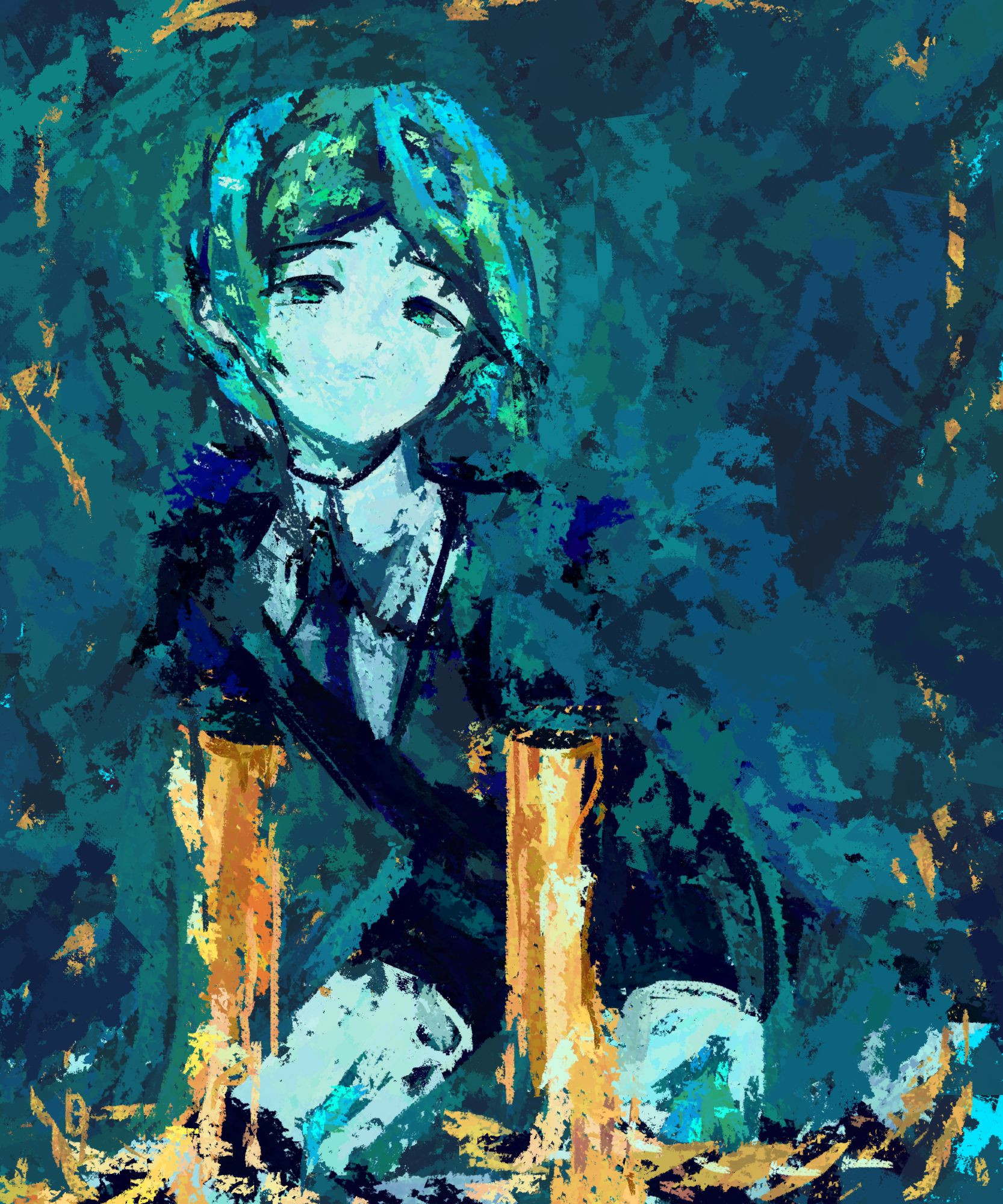 drawing of phosphophyllite with golden arms from houseki no kuni. they are sitting on the floor and looking at the viewer with a slight frown. the texture of the drawing is rough and rock like with harsh jagged brushstrokes. 