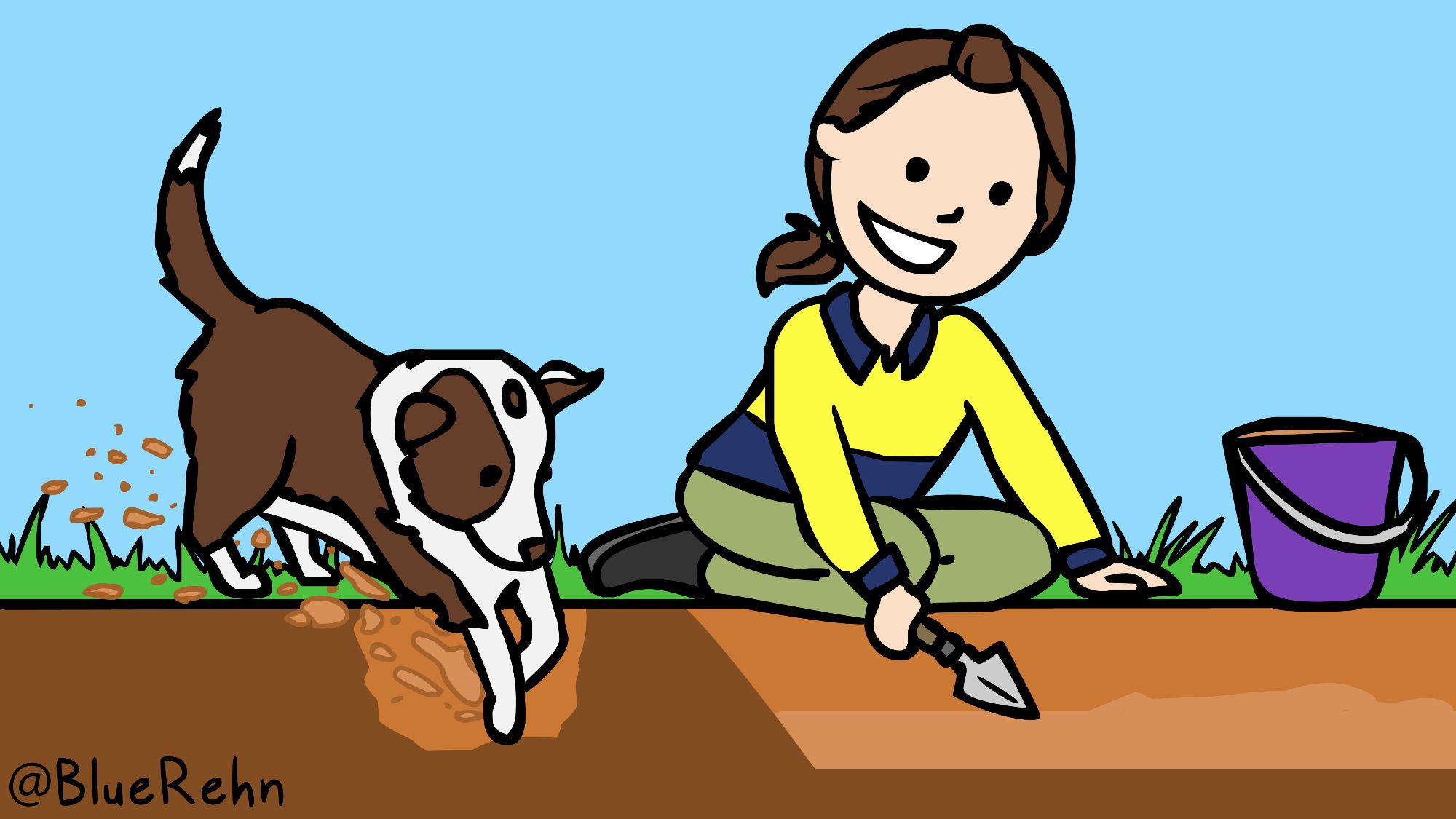 A cartoon of a brown and white Border Collie dog digging in dirt (left) alongside a woman in a high-vis shirt digging in the dirt with a trowel and bucket (right)